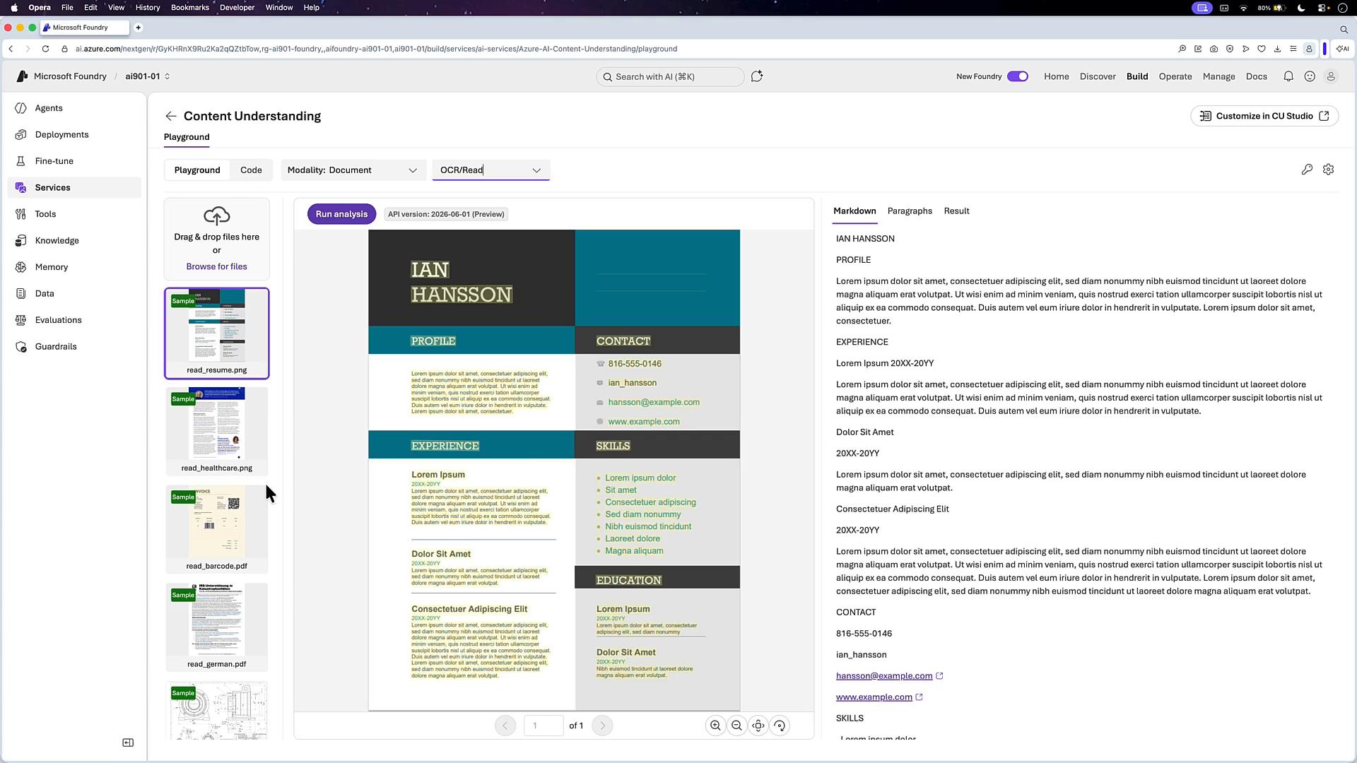 A screenshot of a web-based "Content Understanding" OCR/document playground showing a resume preview in the center and the extracted text output on the right. The left sidebar shows sample files and controls to upload and run analysis.