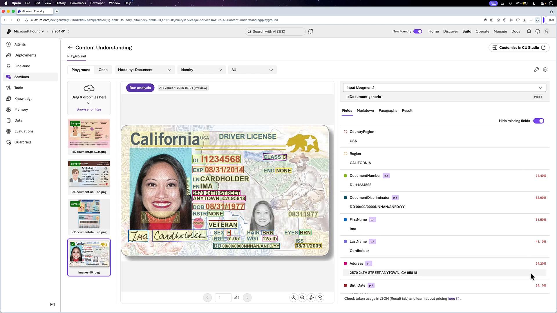 A screenshot of an Azure/Microsoft Foundry "Content Understanding" tool displaying a scanned California driver's license. The main view shows the license image with highlighted fields and the right panel lists parsed document data and confidence scores.