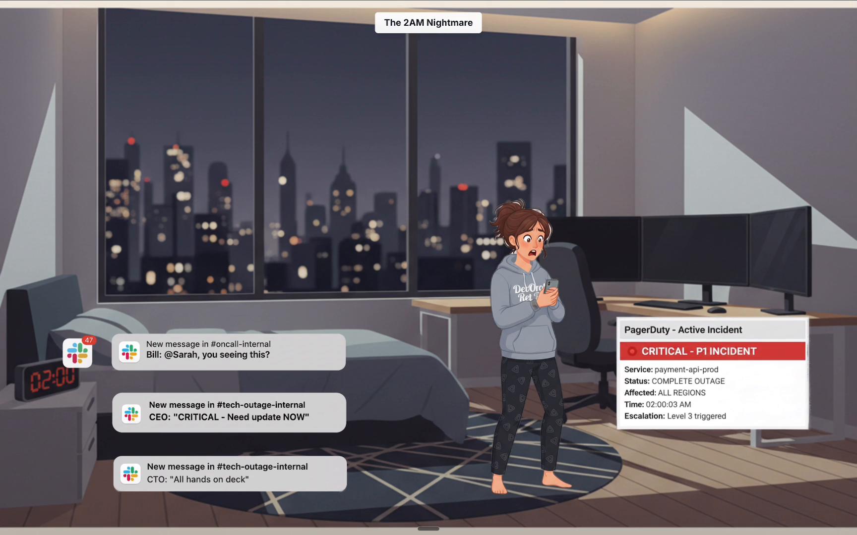 A startled woman in pajamas stands in a dark apartment at 2:00 AM, staring at her phone. Multiple urgent Slack and PagerDuty notifications show a critical P1 outage and frantic messages about a complete service outage.
