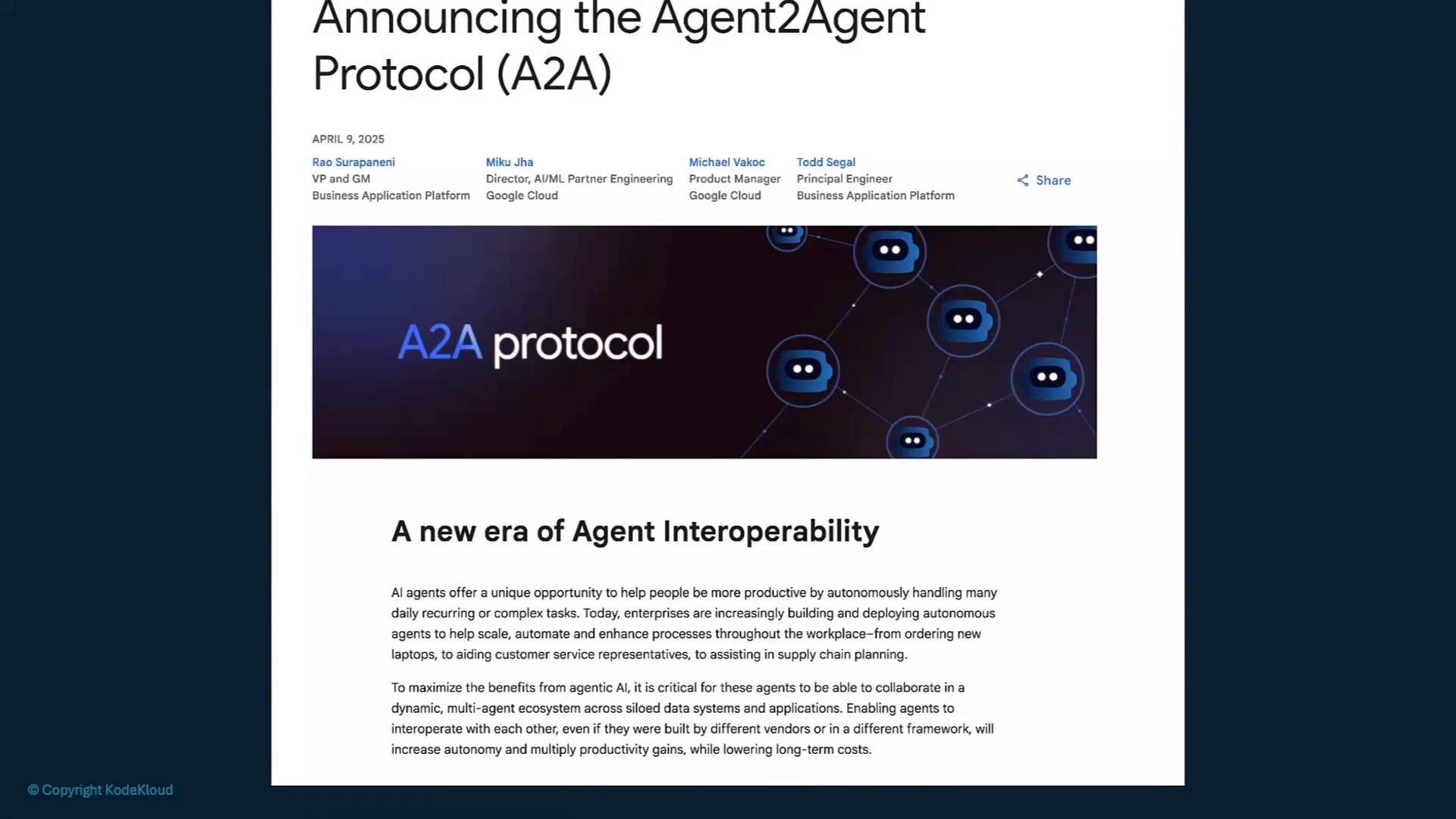 A webpage announcing the "Agent2Agent Protocol (A2A)" with a banner that says "A2A protocol" and a graphic of interconnected chatbot icons. Below it is a headline "A new era of Agent Interoperability" with descriptive text and author credits.