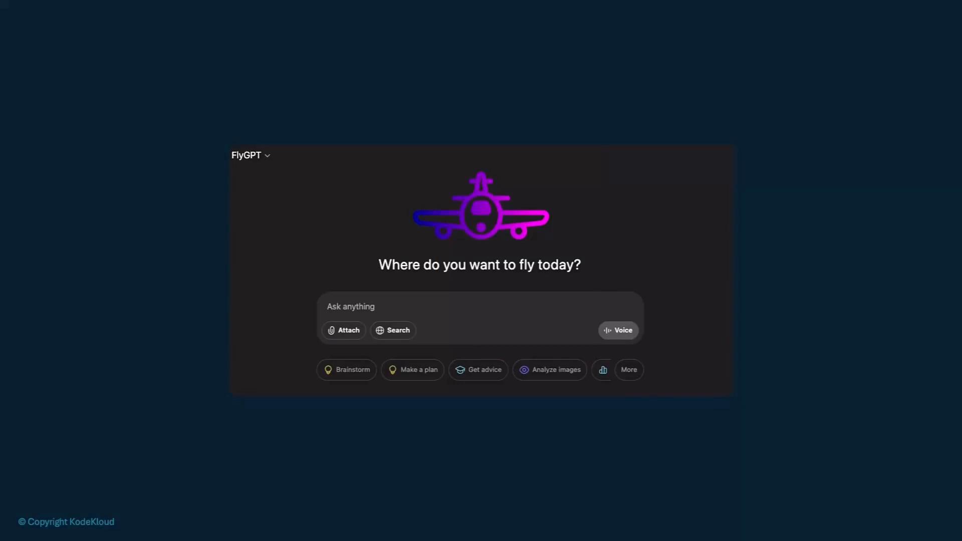 A dark-themed FlyGPT interface screenshot with a neon airplane icon and the prompt "Where do you want to fly today?" above a central input box. The box shows buttons for Attach, Search, Voice and quick-action tags like Brainstorm, Make a plan, Get advice, and Analyze images.