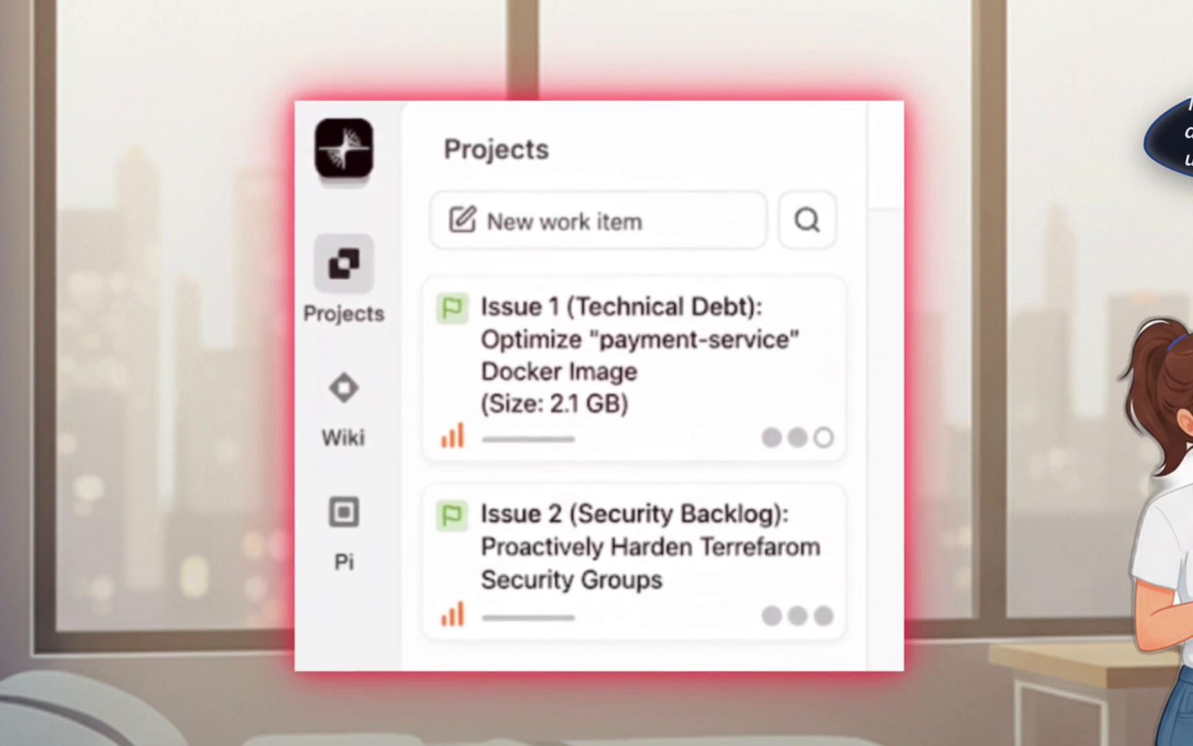 A close-up screenshot of a projects sidebar in a task-tracking app showing work items such as "Issue 1 (Technical Debt): Optimize 'payment-service' Docker Image (Size: 2.1 GB)" and "Issue 2 (Security Backlog)". A search/new work item field and navigation icons for Projects and Wiki are also visible.
