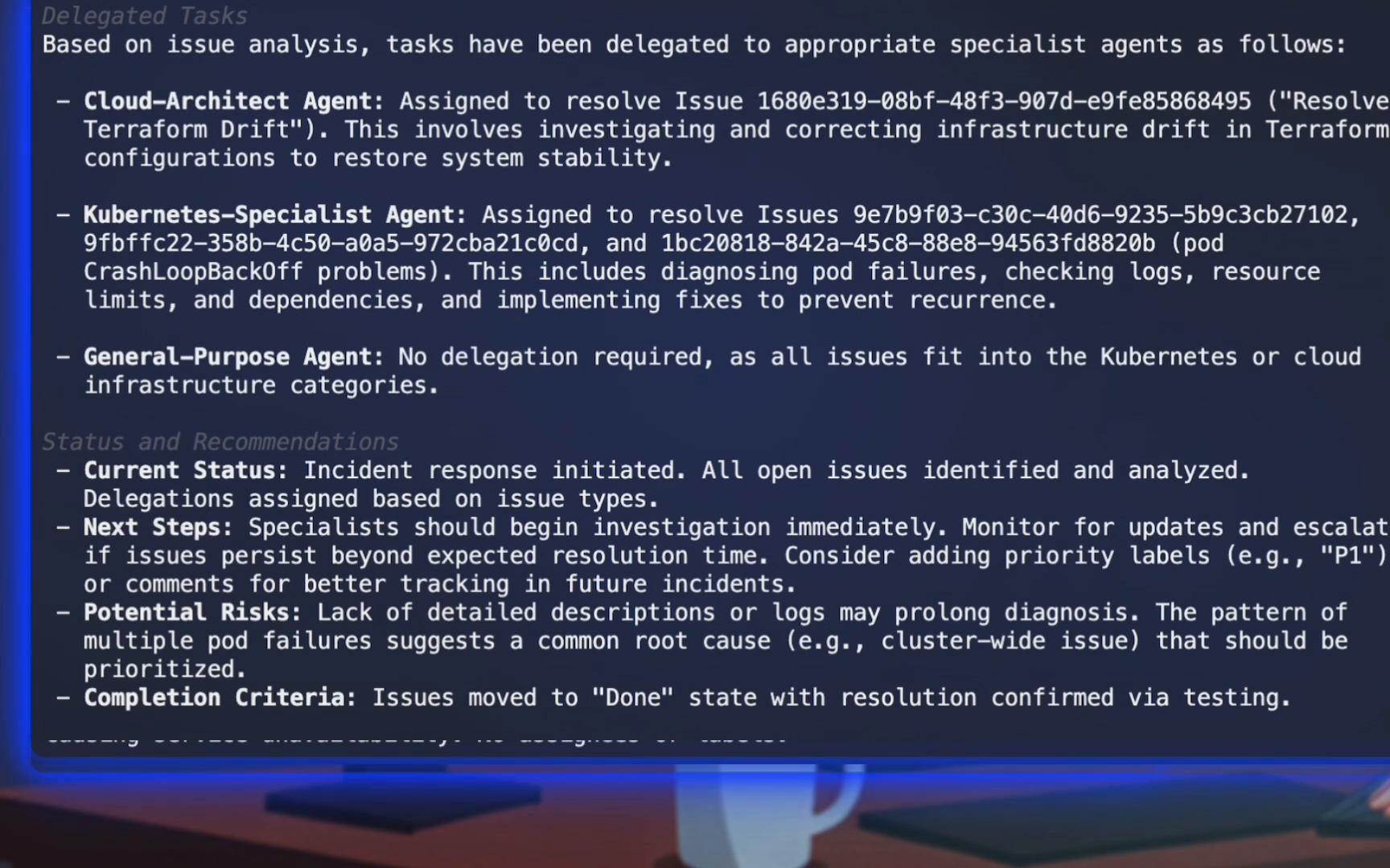 A screenshot of a technical incident report assigning tasks to Cloud-Architect, Kubernetes-Specialist, and General-Purpose agents with details on responsibilities. It lists status and recommendations (next steps, potential risks, completion criteria) and mentions Terraform drift and pod CrashLoopBackOff issues.