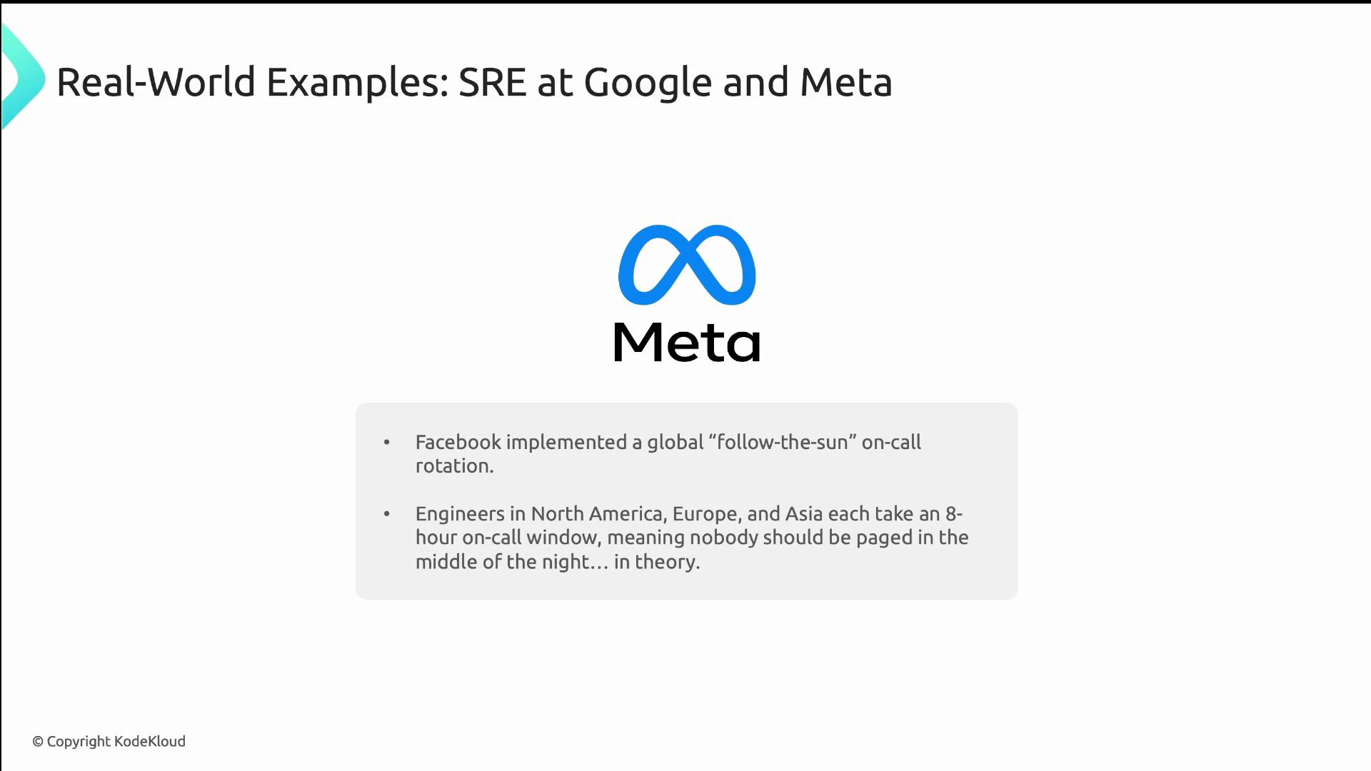 A presentation slide titled "Real-World Examples: SRE at Google and Meta" featuring the Meta logo. The text describes Facebook's global "follow-the-sun" on-call rotation where engineers in North America, Europe, and Asia each take eight-hour on-call windows.