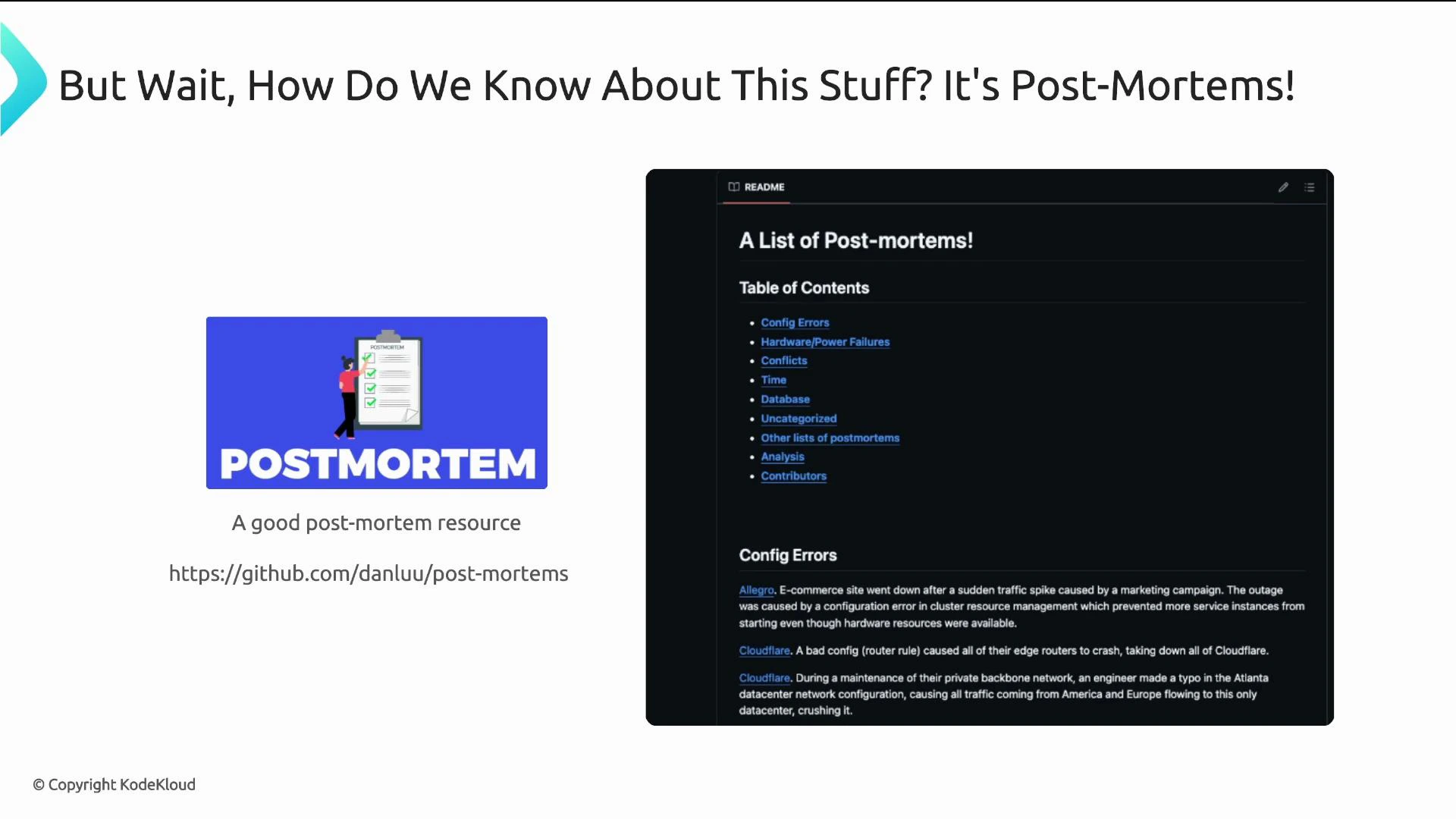A presentation slide promoting a post-mortem resource, featuring a blue "POSTMORTEM" illustration and a GitHub link. To the right is a dark-themed screenshot of a README titled "A List of Post-mortems" with a table of contents and example entries.
