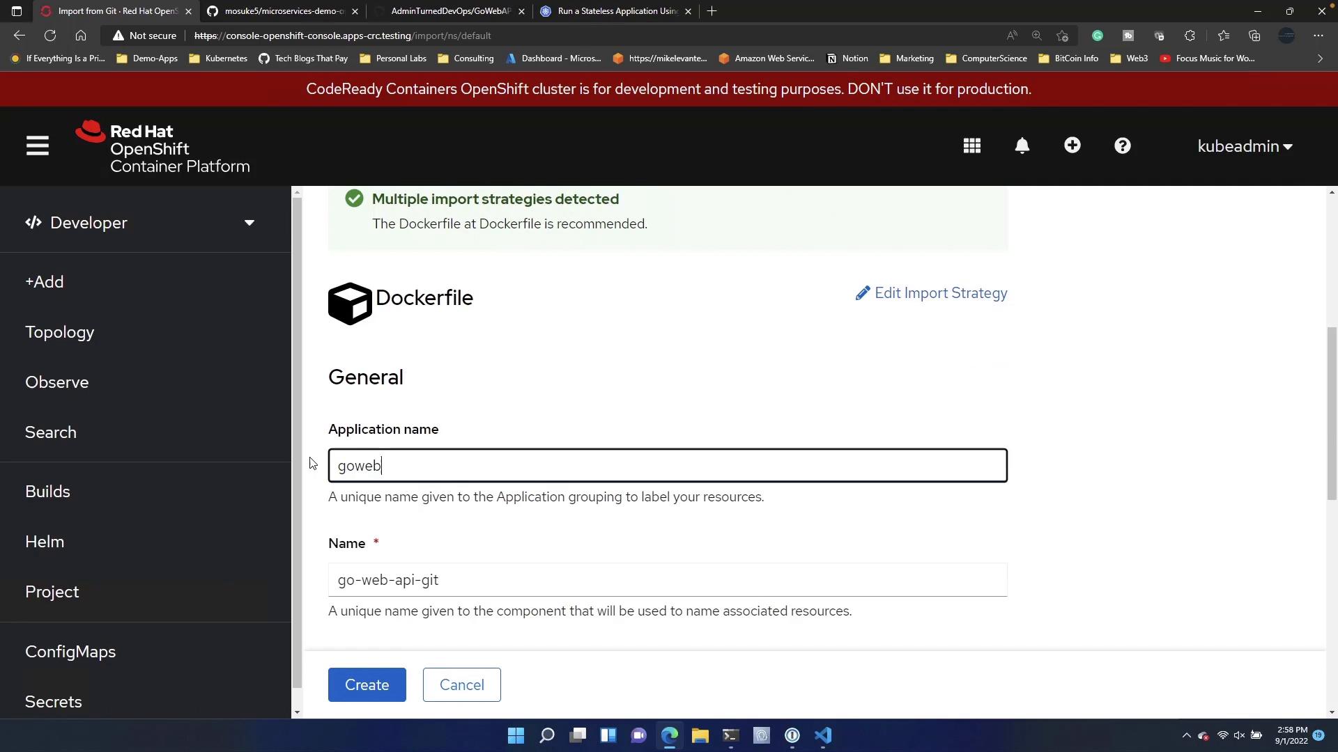 A screenshot of the Red Hat OpenShift Container Platform web console showing the "Import from Git / Dockerfile" form, with the application name set to "goweb" and options to create or cancel. The left sidebar shows Developer navigation like Topology, Builds, and ConfigMaps.