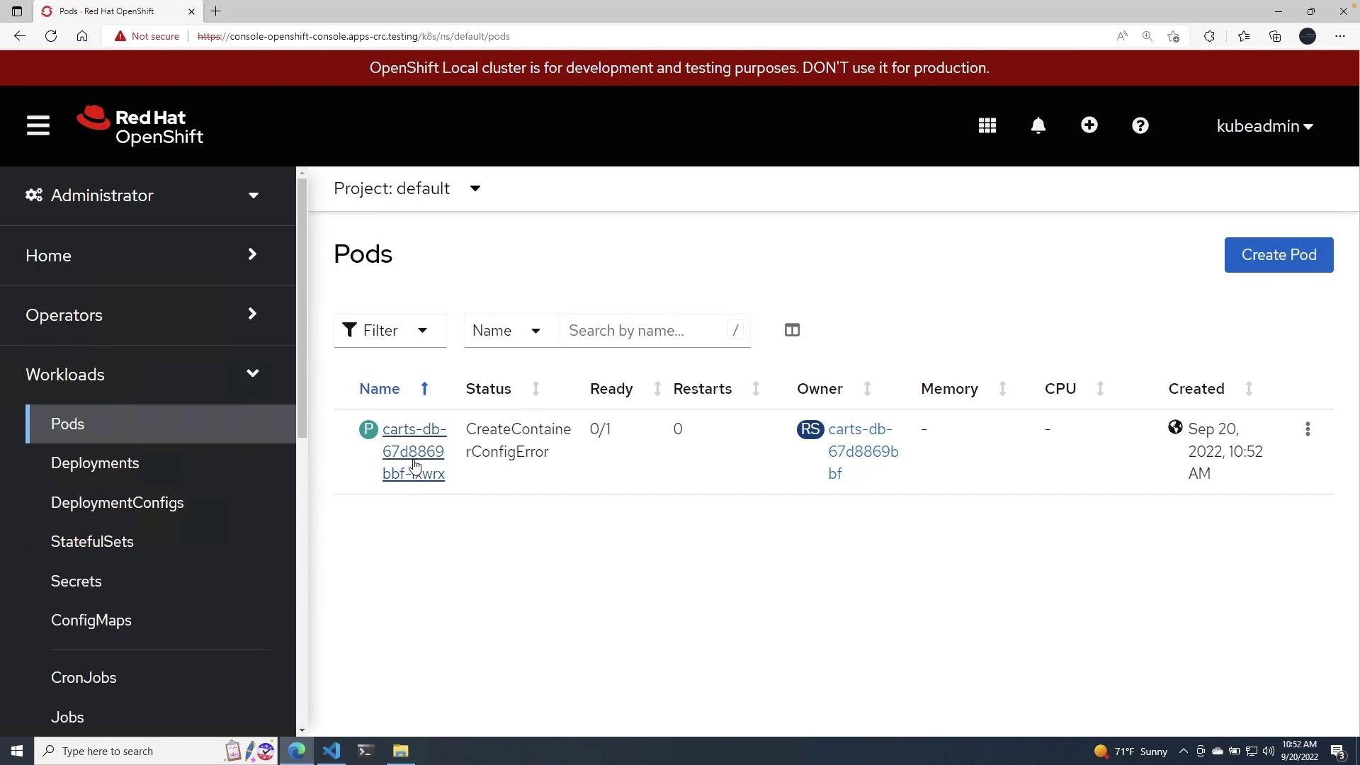 Screenshot of the Red Hat OpenShift web console showing the "Pods" view in the default project. A pod named "carts-db-67d8869bbf-..." is listed with status "CreateContainerConfigError" and 0/1 ready.