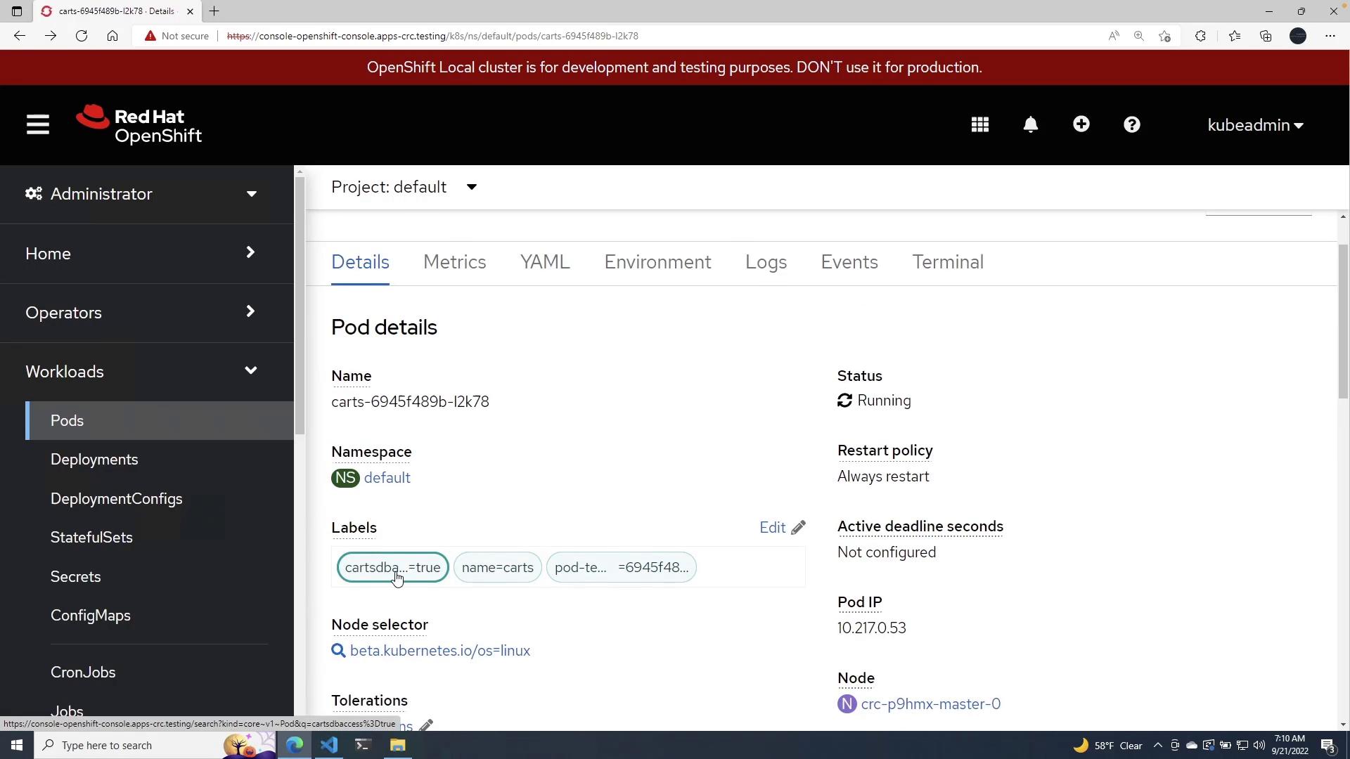 A screenshot of the Red Hat OpenShift web console showing the "Pod details" page for pod carts-6945f489b-l2k78 (namespace: default) with its status listed as Running. The left sidebar displays the cluster navigation (Workloads → Pods, Deployments, etc.).