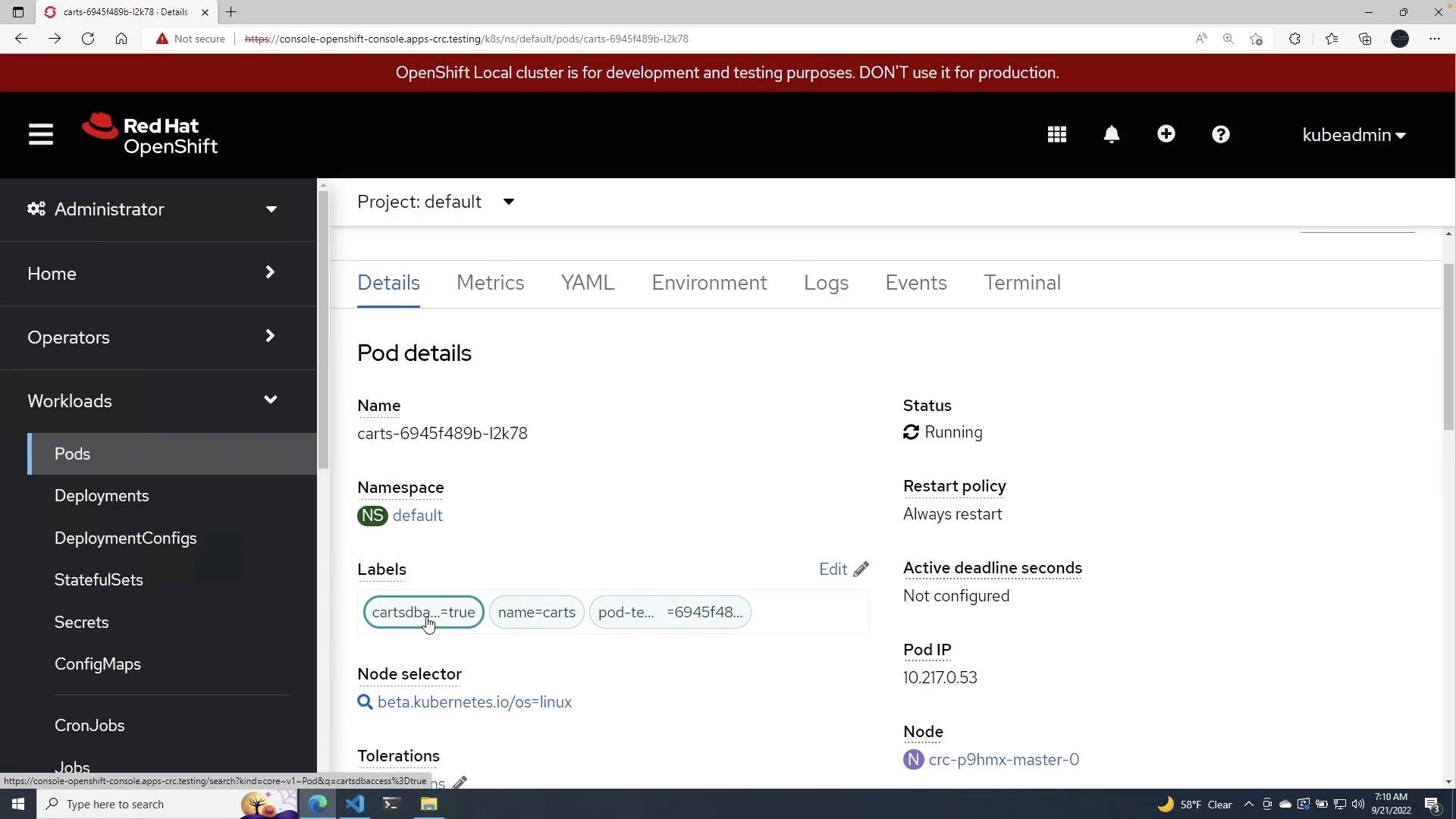 A screenshot of the Red Hat OpenShift web console showing the "Pod details" page for pod carts-6945f489b-l2k78 (namespace: default) with its status listed as Running. The left sidebar displays the cluster navigation (Workloads → Pods, Deployments, etc.).
