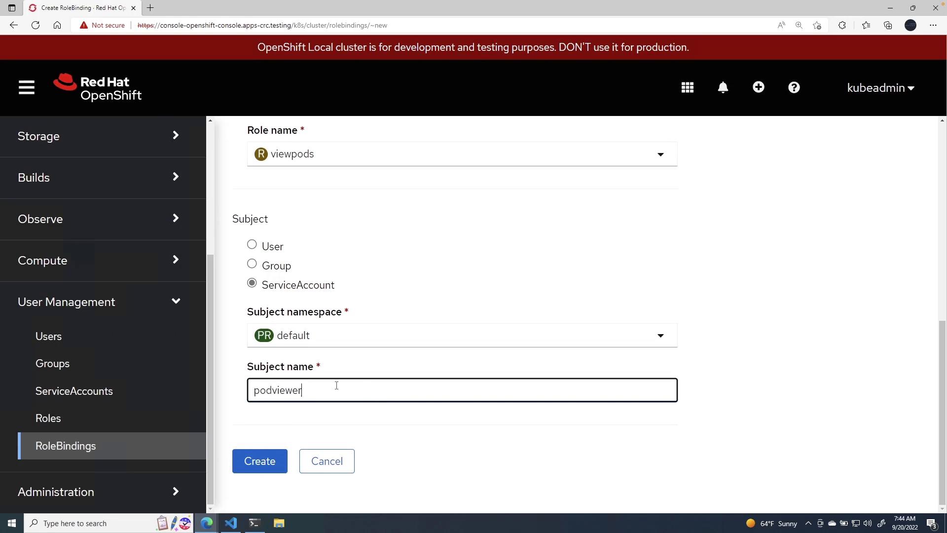Screenshot of the Red Hat OpenShift web console on the "Create RoleBinding" page, with the role name set to "viewpods" and the subject selected as a ServiceAccount in the "default" namespace named "podviewer."