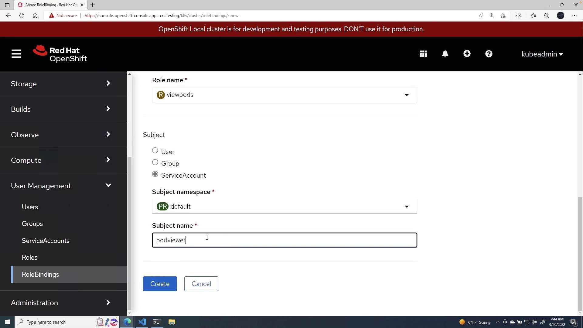 Screenshot of the Red Hat OpenShift web console on the "Create RoleBinding" page, with the role name set to "viewpods" and the subject selected as a ServiceAccount in the "default" namespace named "podviewer."