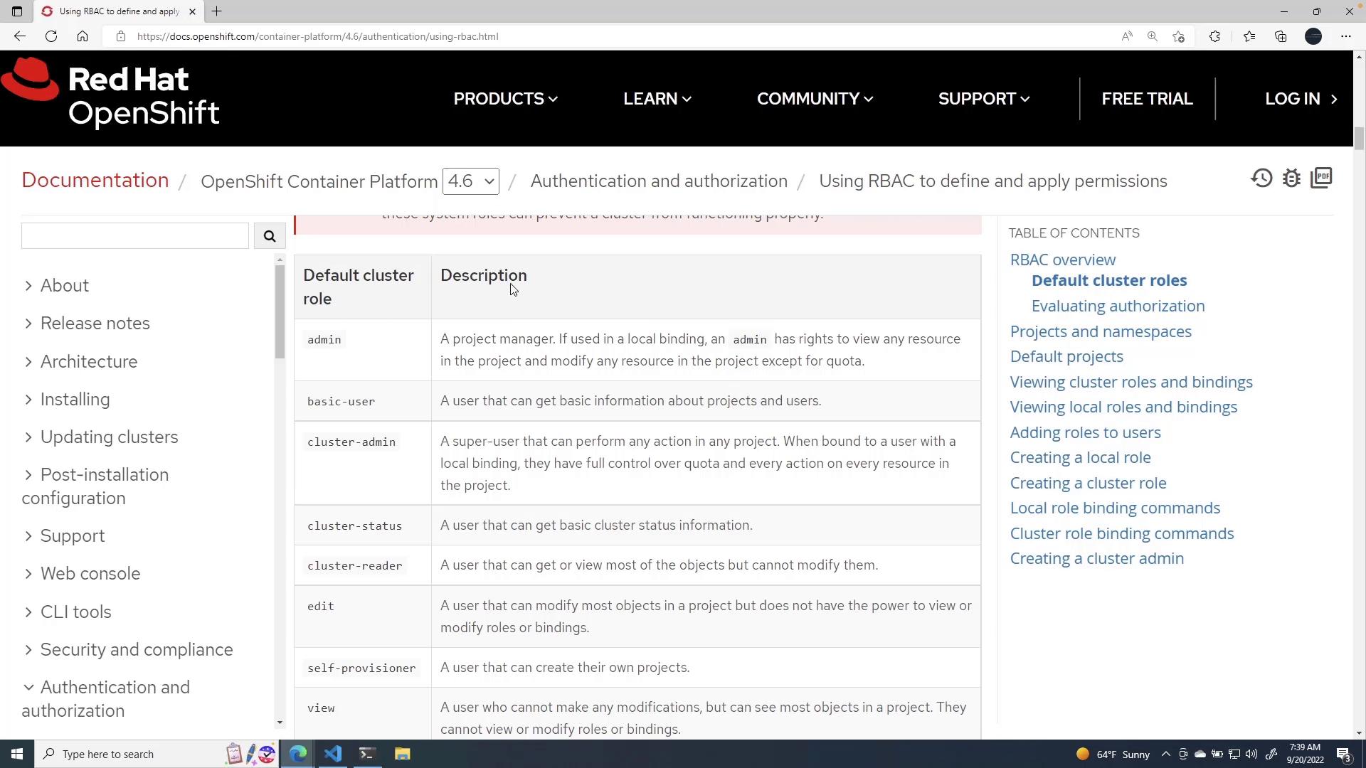 A screenshot of the Red Hat OpenShift documentation page showing a table of default cluster roles and their descriptions under "Using RBAC to define and apply permissions." The page also shows the left navigation menu and a table of contents on the right.
