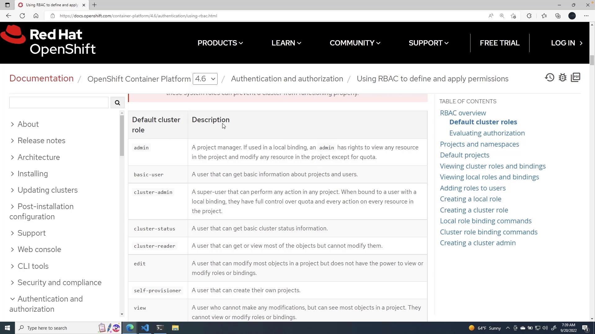 A screenshot of the Red Hat OpenShift documentation page showing a table of default cluster roles and their descriptions under "Using RBAC to define and apply permissions." The page also shows the left navigation menu and a table of contents on the right.