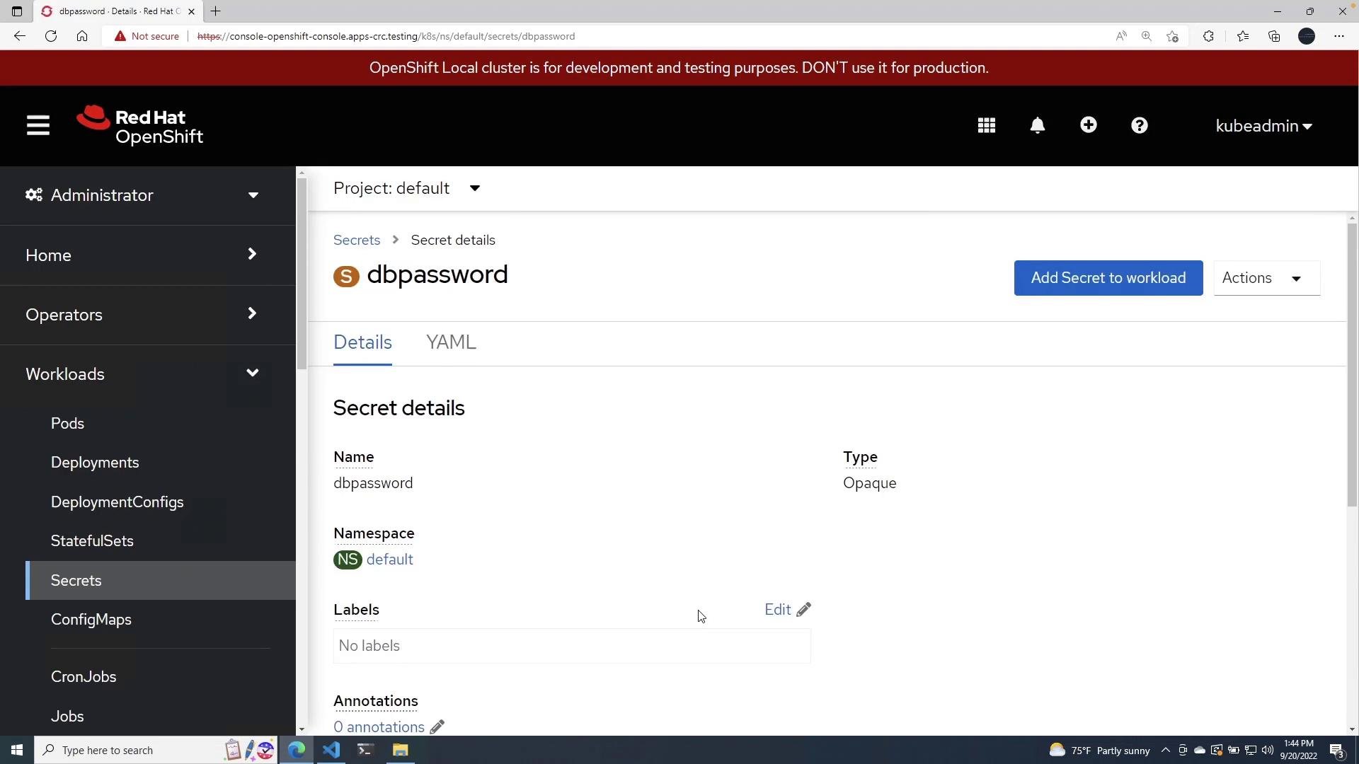 A screenshot of the Red Hat OpenShift web console showing the Secret details page for a secret named "dbpassword" in the default project. The page displays metadata like type (Opaque), namespace, and buttons to add the secret to a workload.