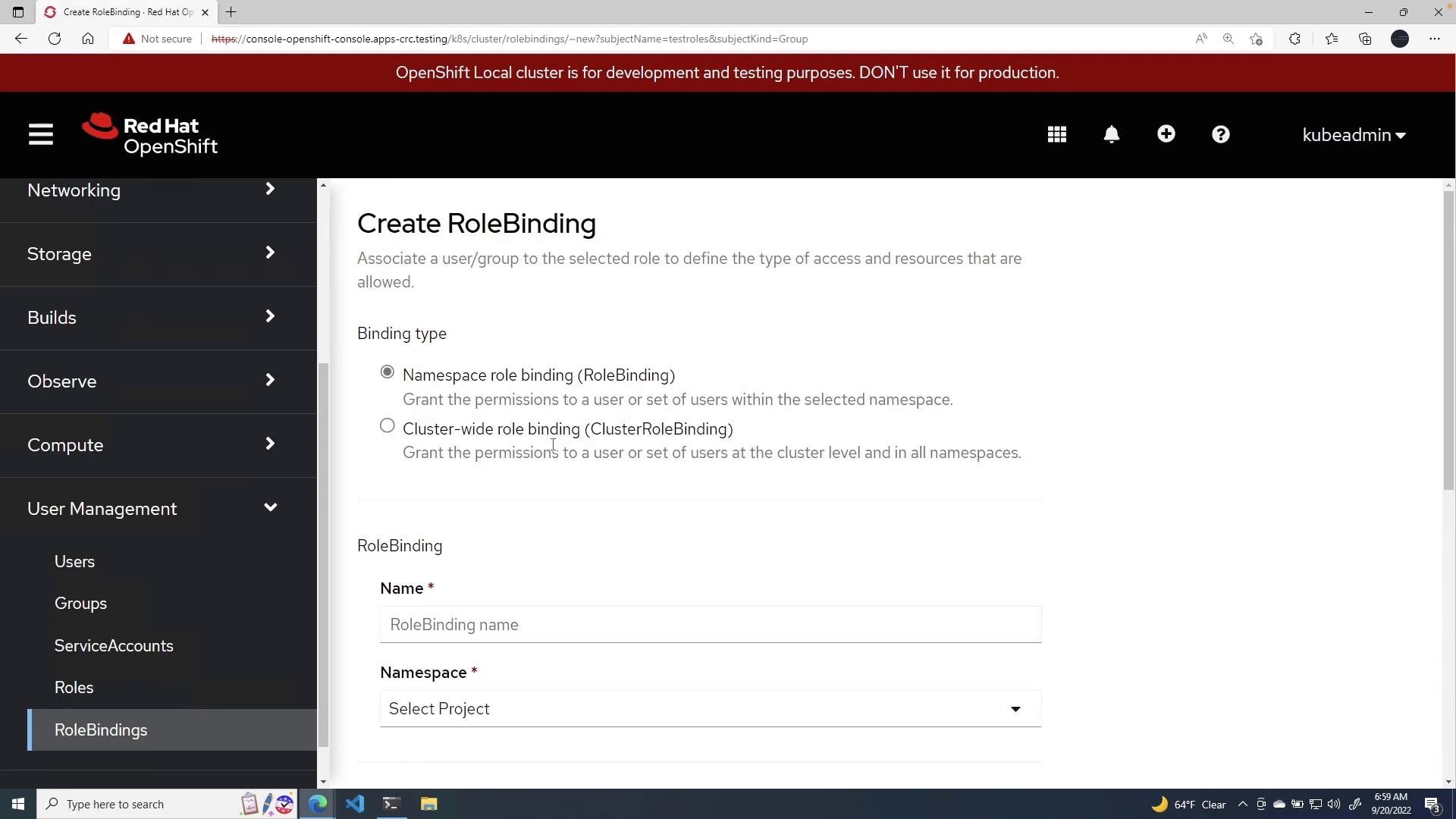 A screenshot of the Red Hat OpenShift web console showing the "Create RoleBinding" form with radio options for Namespace or Cluster-wide role bindings and input fields for name and namespace. A dark left navigation menu lists sections like Networking, Storage, Builds, and RoleBindings.