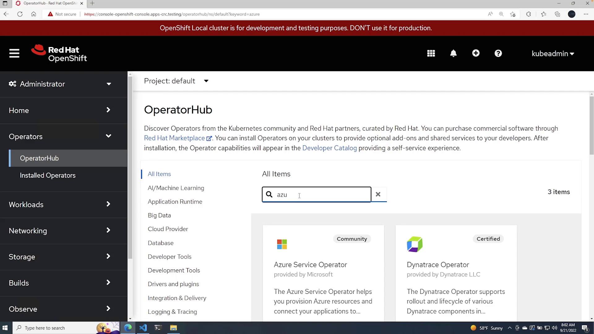 A screenshot of the Red Hat OpenShift web console showing the OperatorHub page with a search for "azu" and operator cards like Azure Service Operator and Dynatrace Operator. The left sidebar shows the Administrator menu with OperatorHub selected.