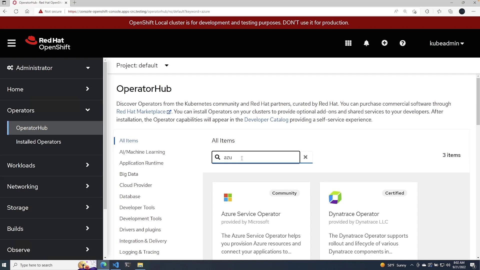 A screenshot of the Red Hat OpenShift web console showing the OperatorHub page with a search for "azu" and operator cards like Azure Service Operator and Dynatrace Operator. The left sidebar shows the Administrator menu with OperatorHub selected.