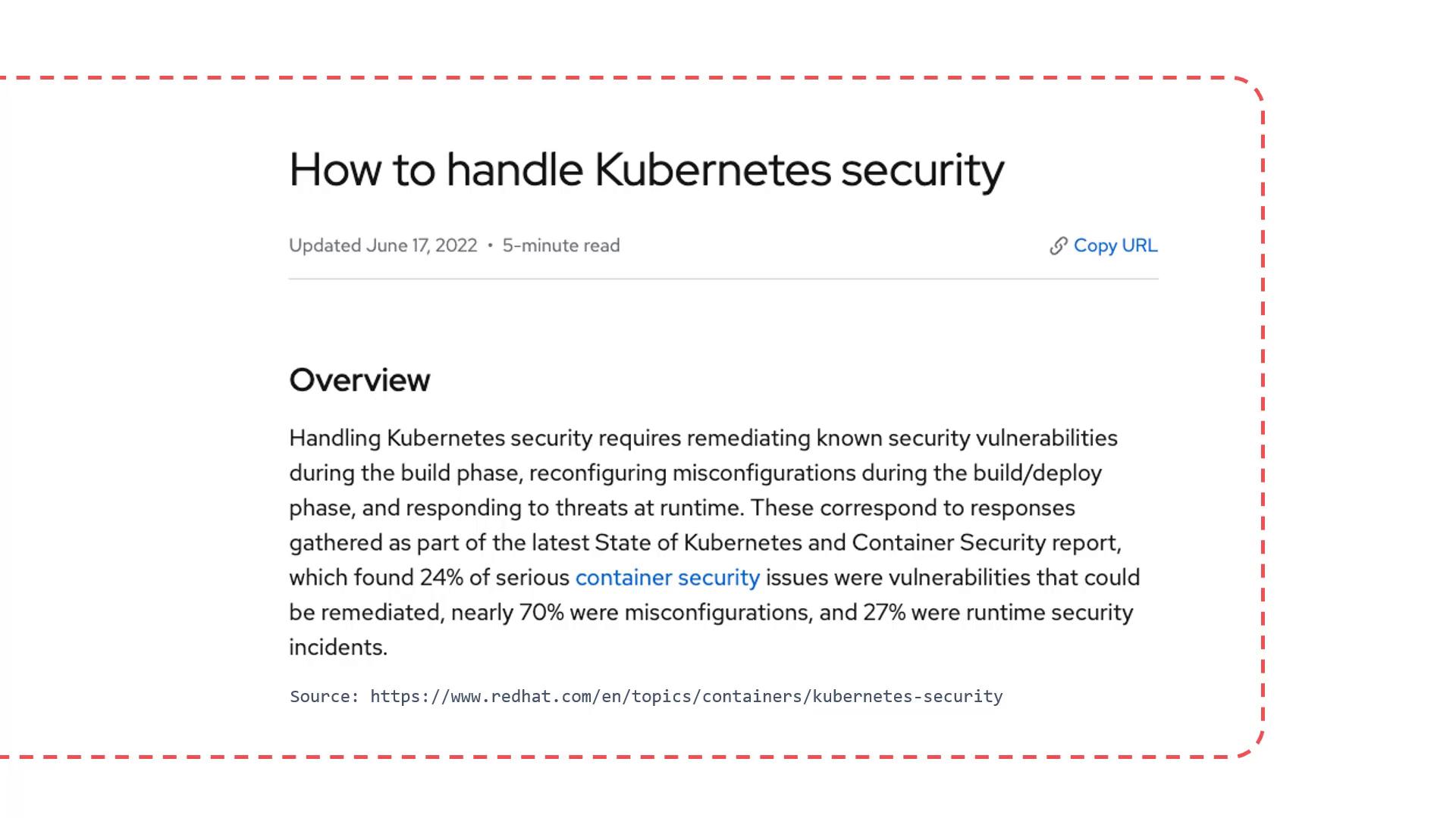 A screenshot of a web article titled "How to handle Kubernetes security" showing the overview paragraph about remediating vulnerabilities, misconfigurations, and runtime threats. The page includes an updated date (June 17, 2022) and a source link to Red Hat.