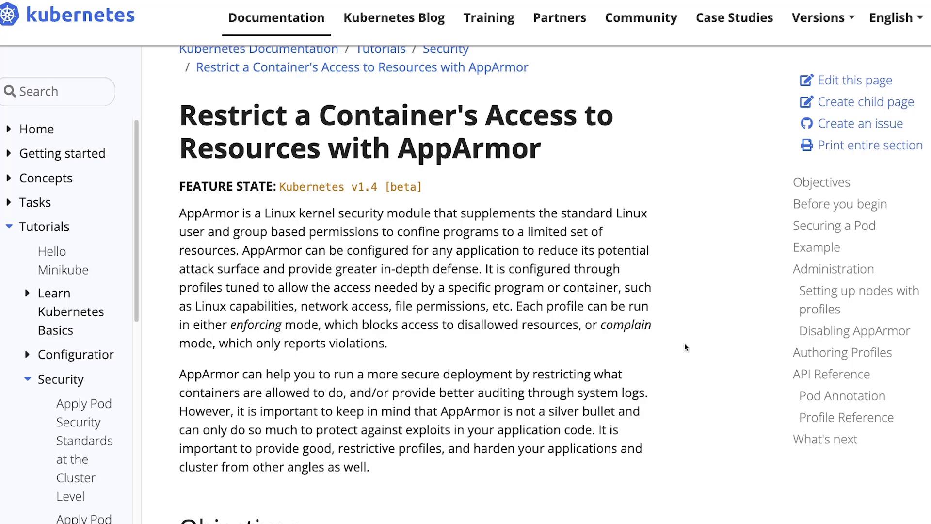 A screenshot of the Kubernetes documentation webpage titled "Restrict a Container's Access to Resources with AppArmor," showing the article text, left navigation menu, and a right-hand table of contents.