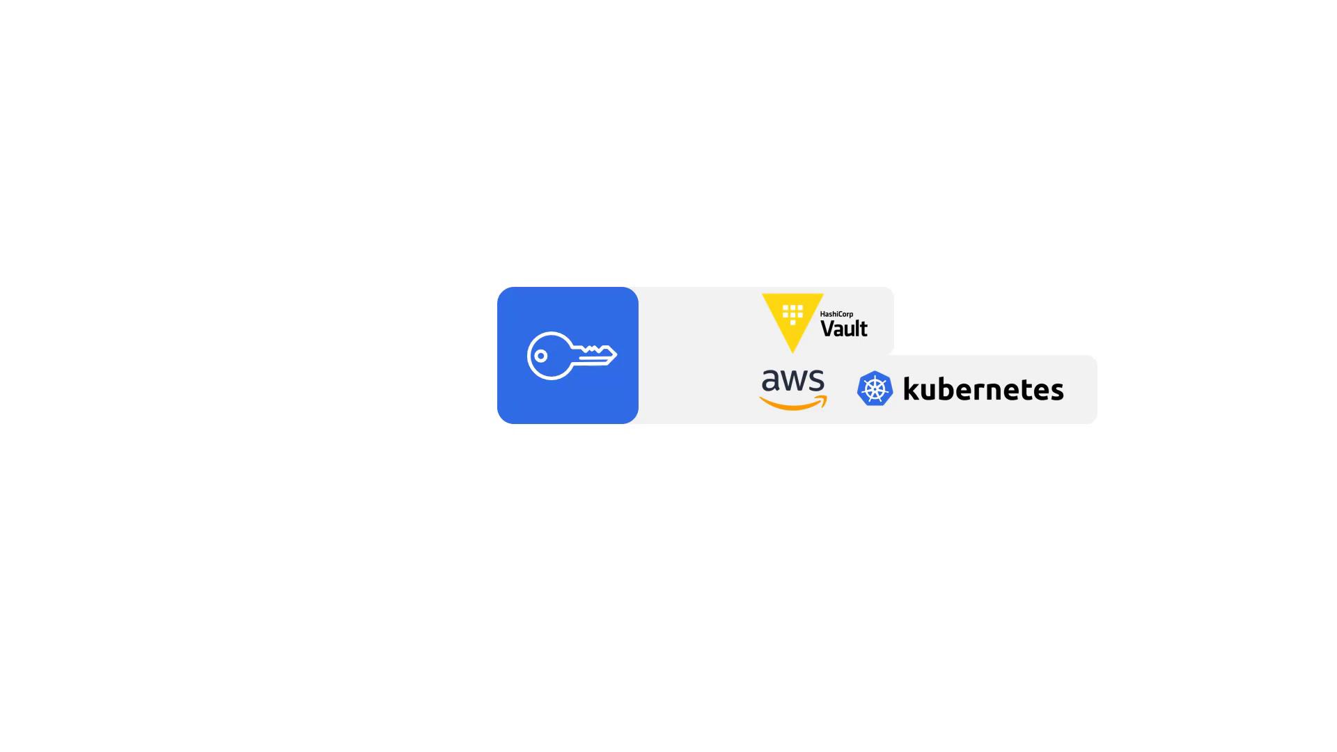 A blue square icon with a white key is shown on the left, and to the right are rounded tiles displaying the HashiCorp Vault, AWS, and Kubernetes logos.