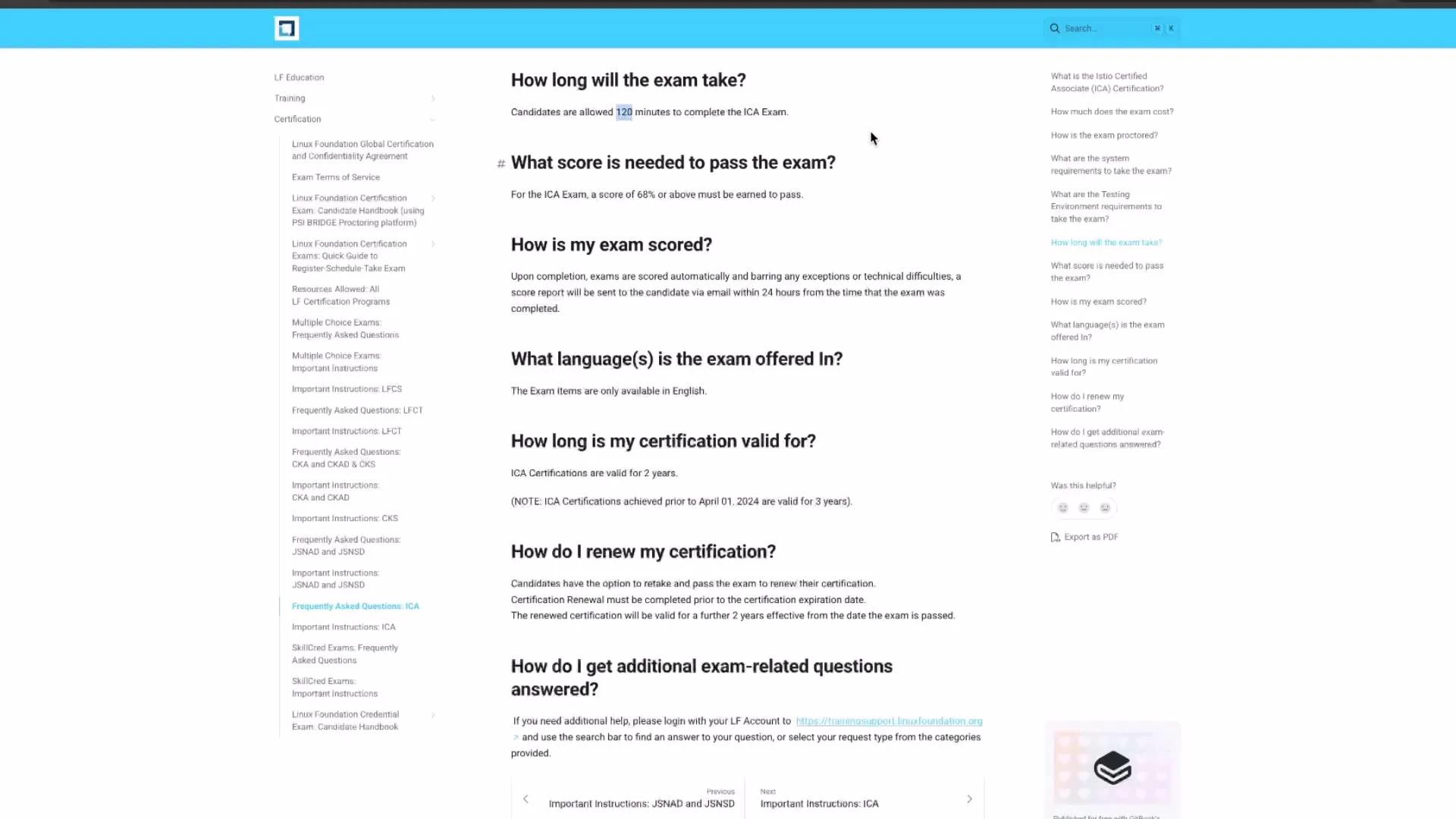 A screenshot of a webpage FAQ about an exam, showing questions like "How long will the exam take?", scoring, language, and certification validity. The page layout includes a left navigation list and the main text in the center with a sidebar on the right.