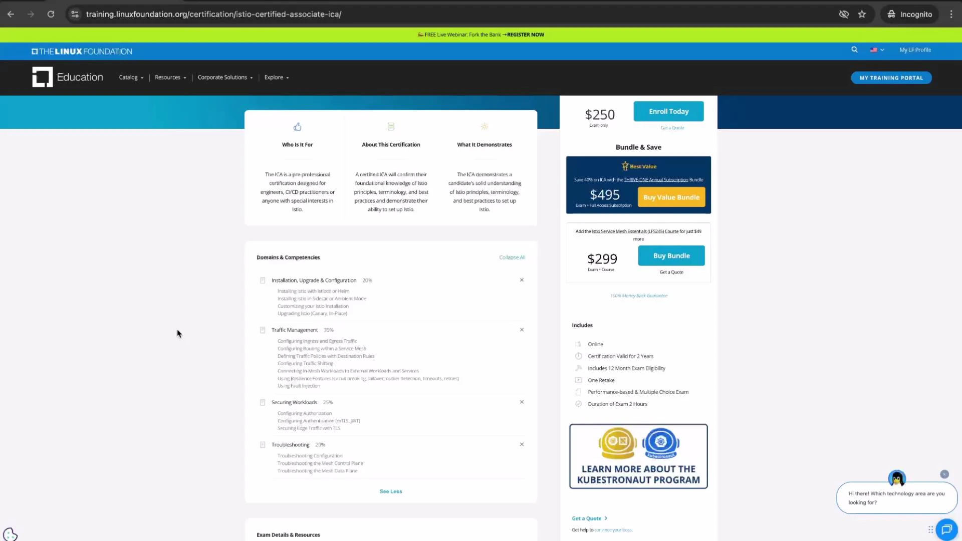 A webpage from The Linux Foundation showing the Istio Certified Associate certification details, including domains & competencies, exam pricing, and bundle options. The layout has content in the center and a right-hand panel with prices, enroll buttons, and program badges.