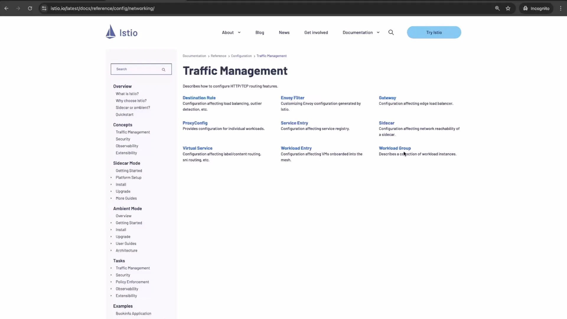 A screenshot of the Istio documentation page titled "Traffic Management," showing a left navigation menu and a central list of traffic management topics and links. The page header and site navigation are visible at the top.