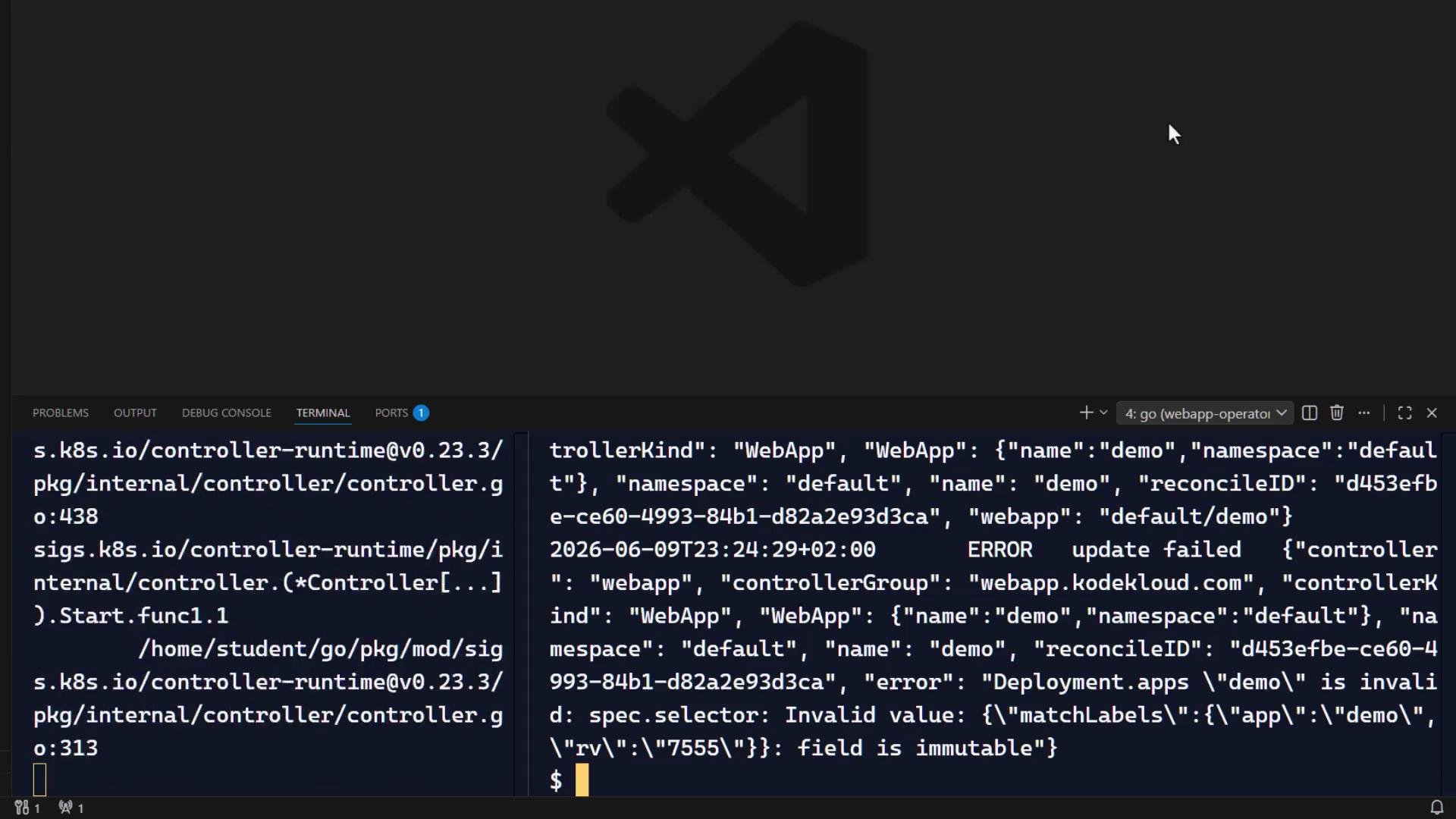 The image shows a Visual Studio Code window with a terminal output displaying an error related to a Kubernetes deployment. The error message indicates an issue with an immutable field in a deployment configuration.