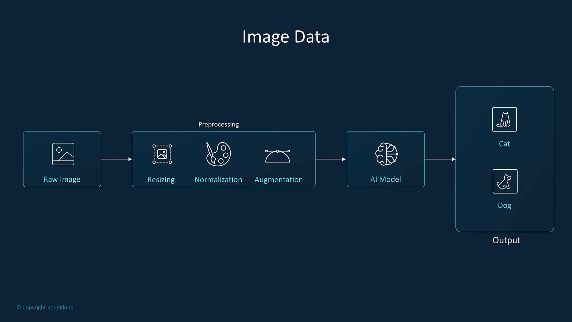 A schematic pipeline showing an image classification workflow: a raw image goes through preprocessing steps (resizing, normalization, augmentation), is fed into an AI model, and outputs labels like “Cat” or “Dog.”