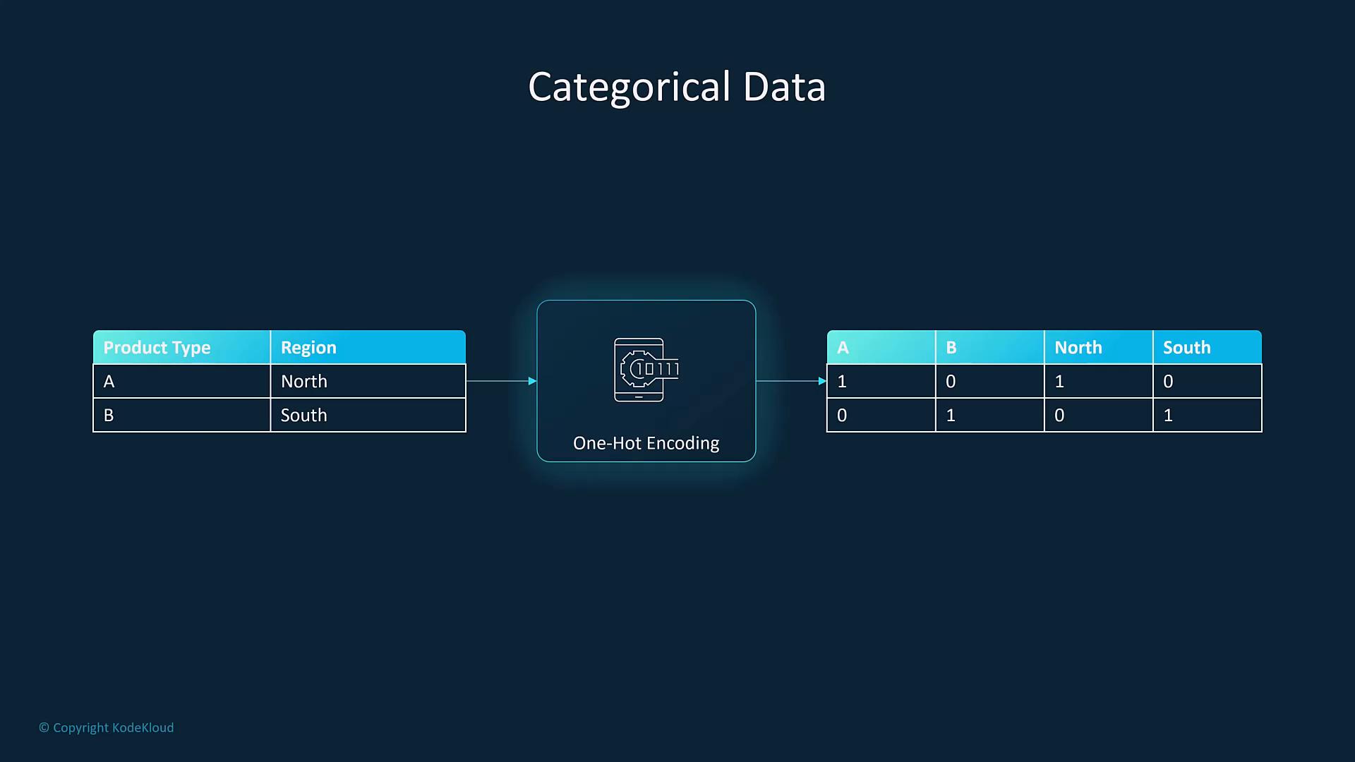 A diagram titled "Categorical Data" showing a table of product types (A, B) and regions (North, South) being transformed via a central "One-Hot Encoding" box into binary columns A, B, North, and South. Arrows illustrate the input-to-output encoding process.