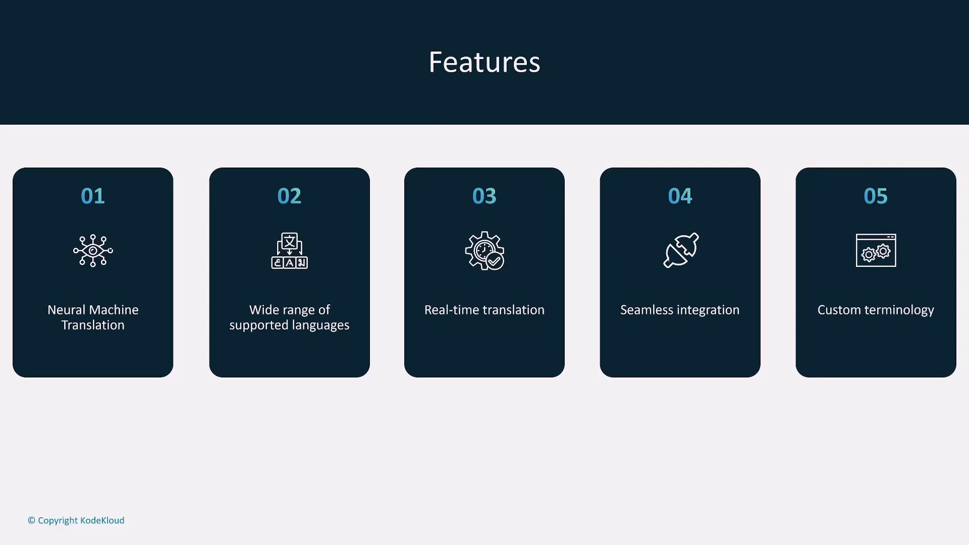 A slide titled "Features" showing five numbered feature cards: 01 Neural Machine Translation, 02 Wide range of supported languages, 03 Real-time translation, 04 Seamless integration, and 05 Custom terminology.