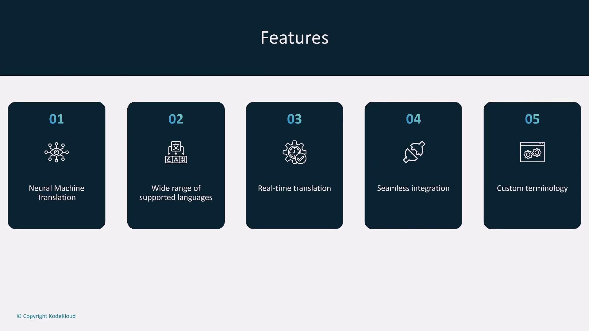 A slide titled "Features" showing five numbered feature cards: 01 Neural Machine Translation, 02 Wide range of supported languages, 03 Real-time translation, 04 Seamless integration, and 05 Custom terminology.