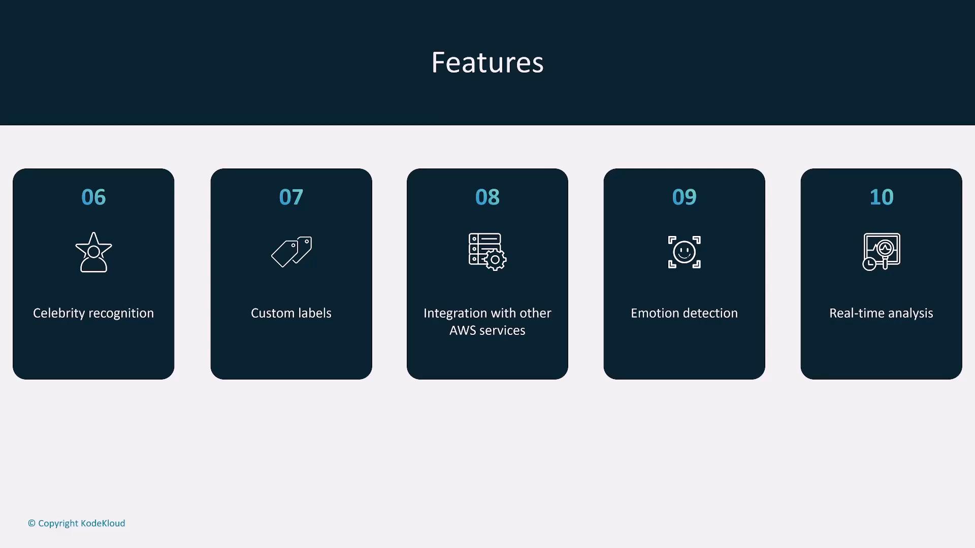 A presentation slide titled "Features" showing five dark cards numbered 06–10. Each card lists a capability: Celebrity recognition, Custom labels, Integration with other AWS services, Emotion detection, and Real-time analysis.