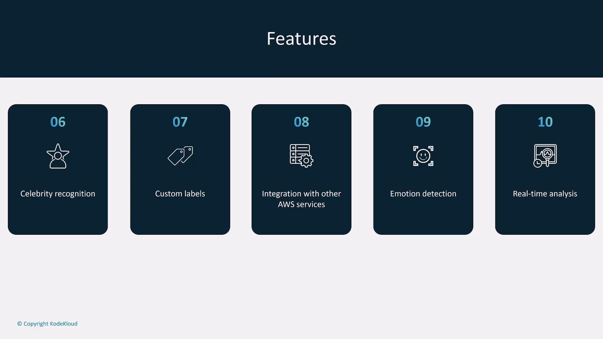 A presentation slide titled "Features" showing five dark cards numbered 06–10. Each card lists a capability: Celebrity recognition, Custom labels, Integration with other AWS services, Emotion detection, and Real-time analysis.