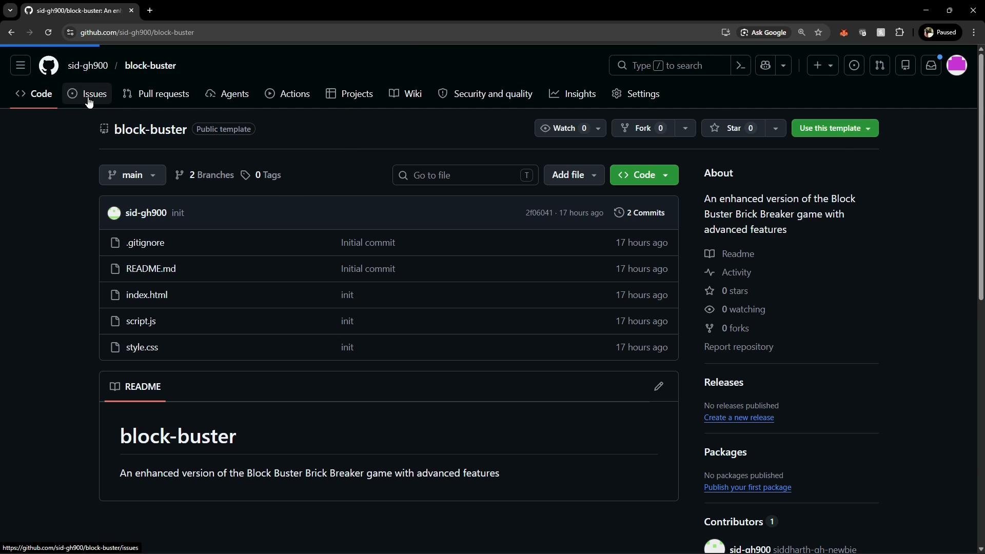 The image shows a GitHub repository named "block-buster" with files like .gitignore, README.md, index.html, script.js, and style.css. It includes details about the repository, indicating it's an enhanced version of a Brick Breaker game.