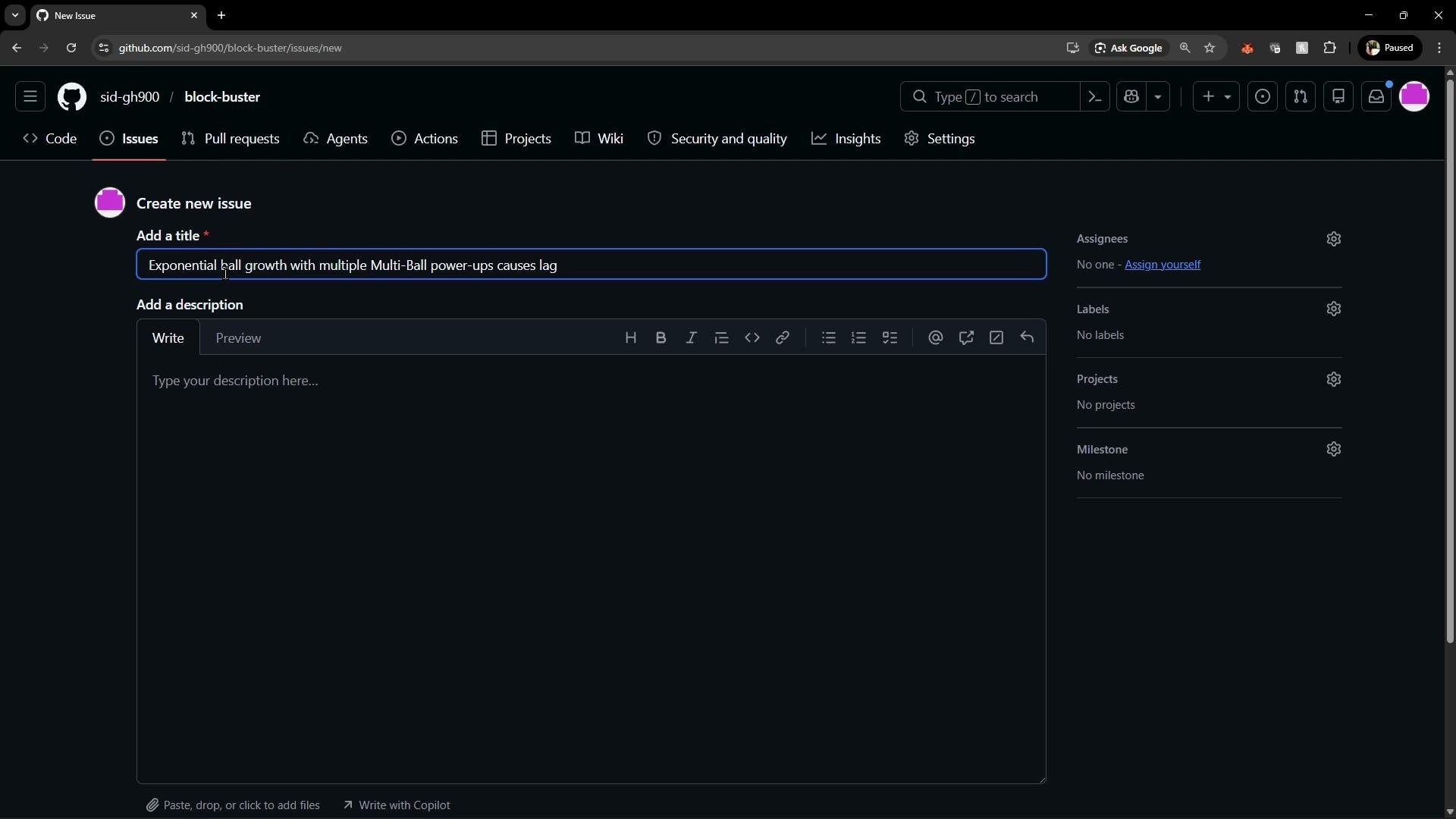 The image shows a GitHub page for creating a new issue in a repository, with a title entered and options for adding a description, assignees, labels, projects, and milestones.