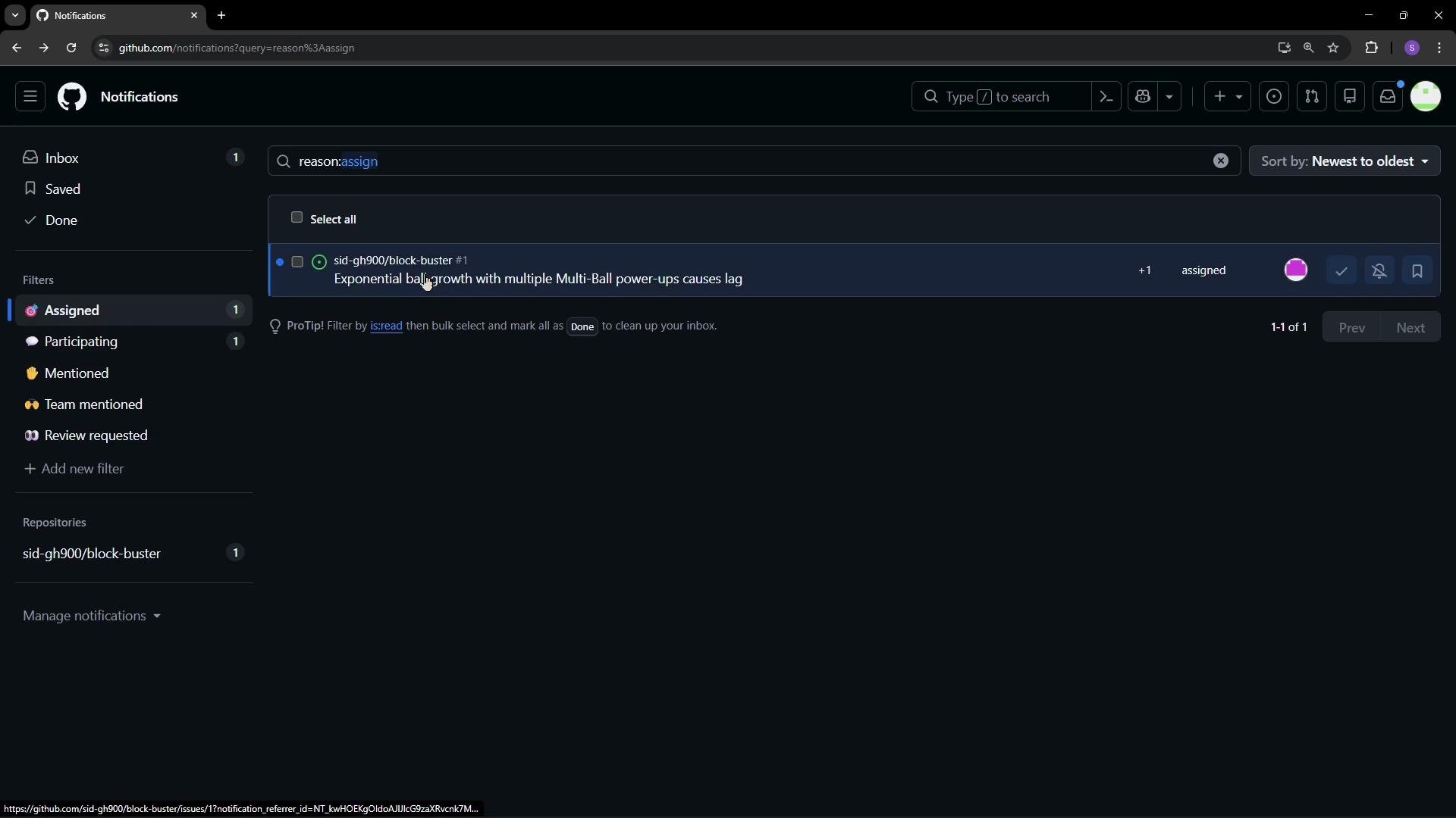 The image shows a GitHub notifications page with a specific issue assigned, related to "Exponential ball growth with multiple Multi-Ball power-ups causes lag."