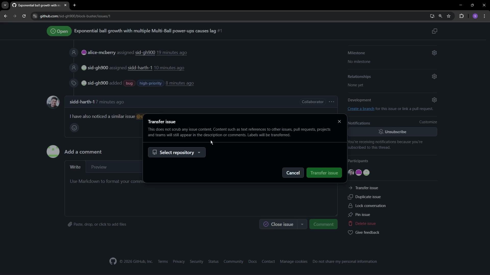The image shows a GitHub interface displaying an issue related to "Exponential ball growth with multiple Multi-Ball power-ups causes lag." There's a pop-up window for transferring the issue to a different repository.
