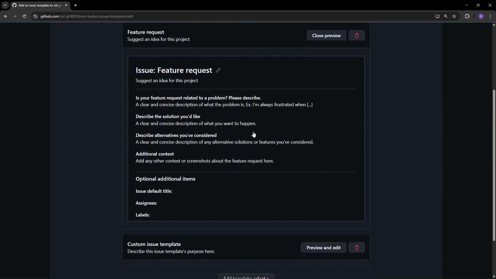 The image shows a GitHub issue template editor for a feature request, with fields for describing the problem, solution, alternatives, and additional context. There are sections for optional items like default title, assignees, and labels.
