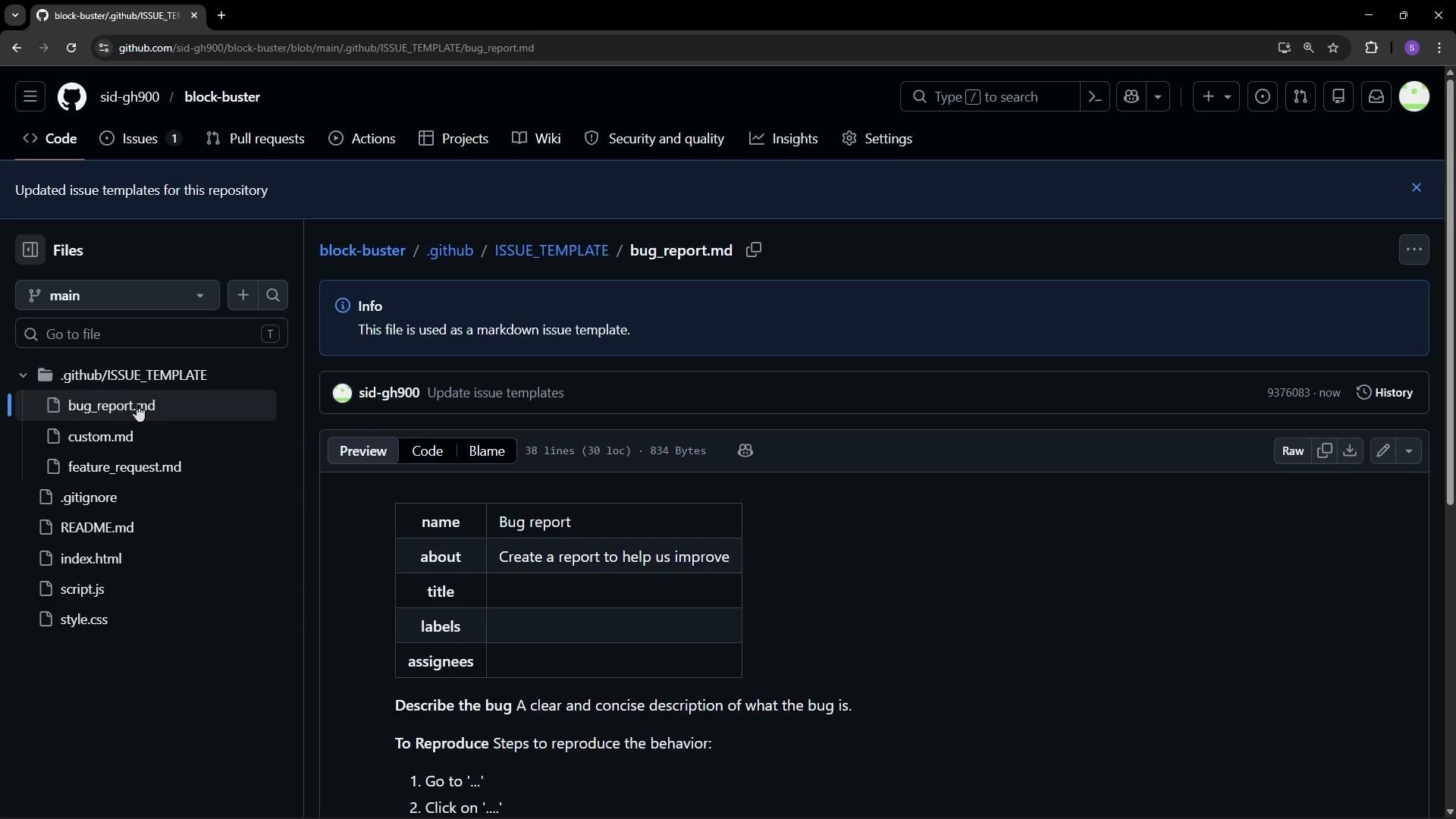 The image shows a GitHub repository page with a markdown file named "bug_report.md" open, displaying an issue template for reporting bugs.