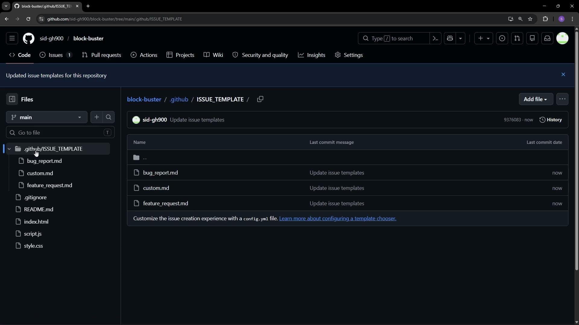 The image shows a GitHub repository interface displaying a directory named .github/ISSUE_TEMPLATE containing issue template files like bug_report.md, custom.md, and feature_request.md.
