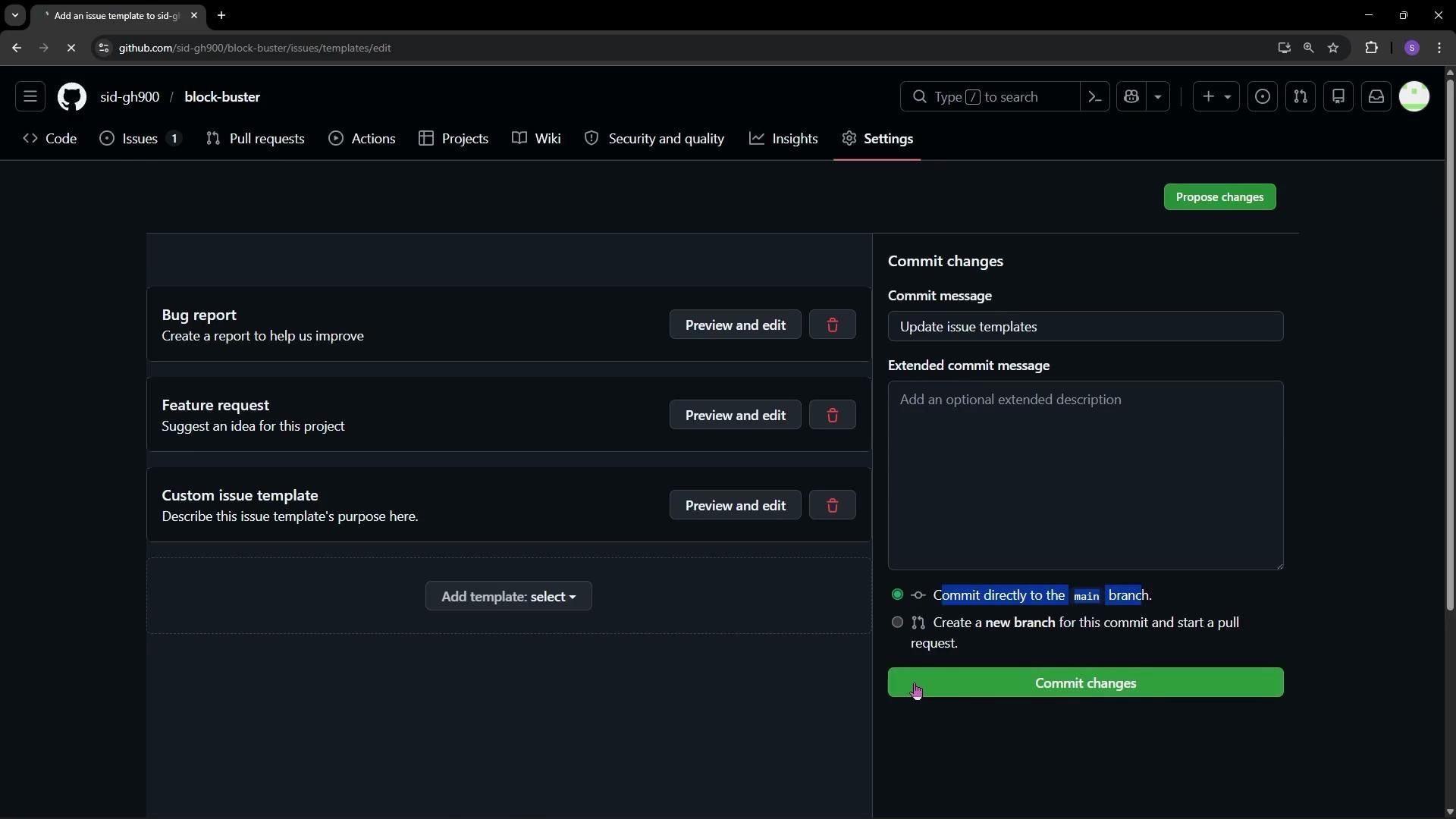 The image shows a GitHub repository settings page where different issue templates are being managed, with options to create and edit bug reports and feature requests. There's a section for committing changes directly to the main branch or creating a new branch for a pull request.