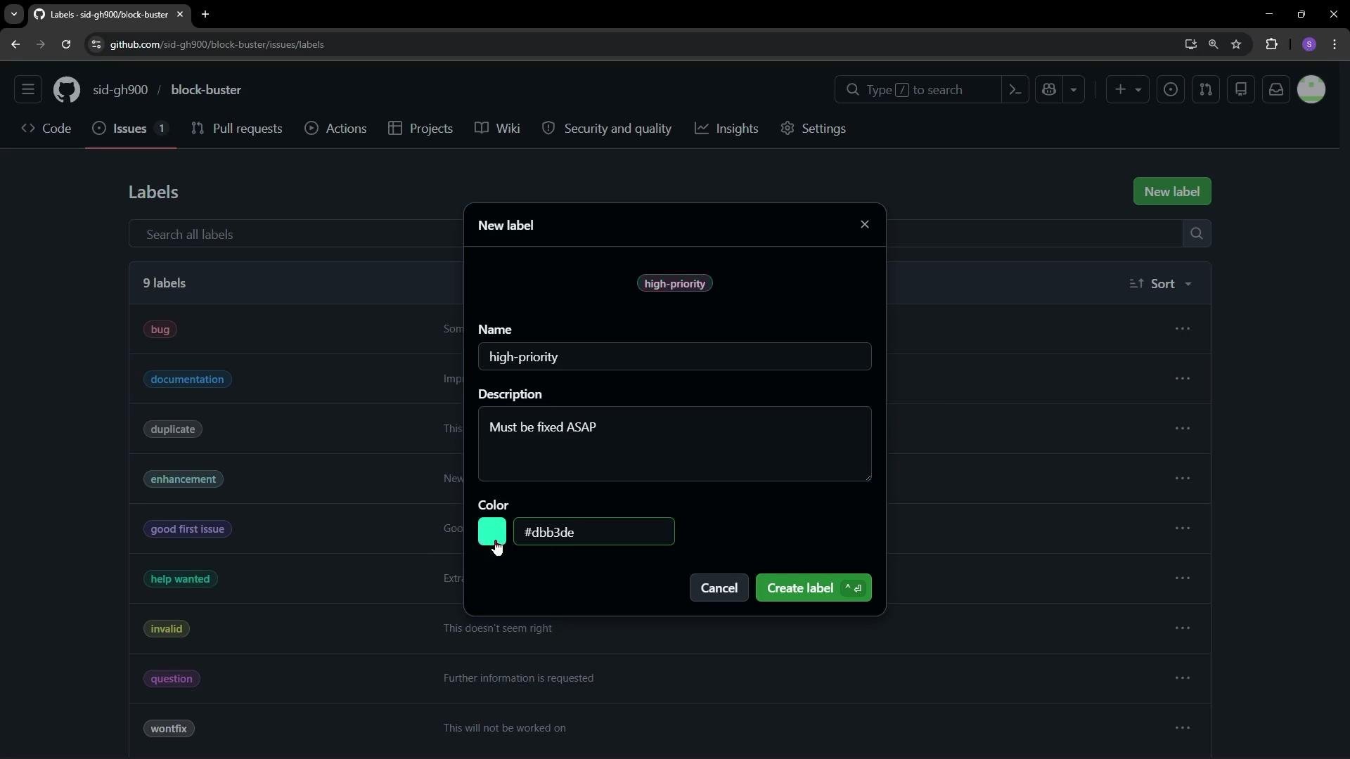 The image shows a GitHub interface where a user is creating a new issue label called "high-priority" with the description "Must be fixed ASAP" and a color selection being made.
