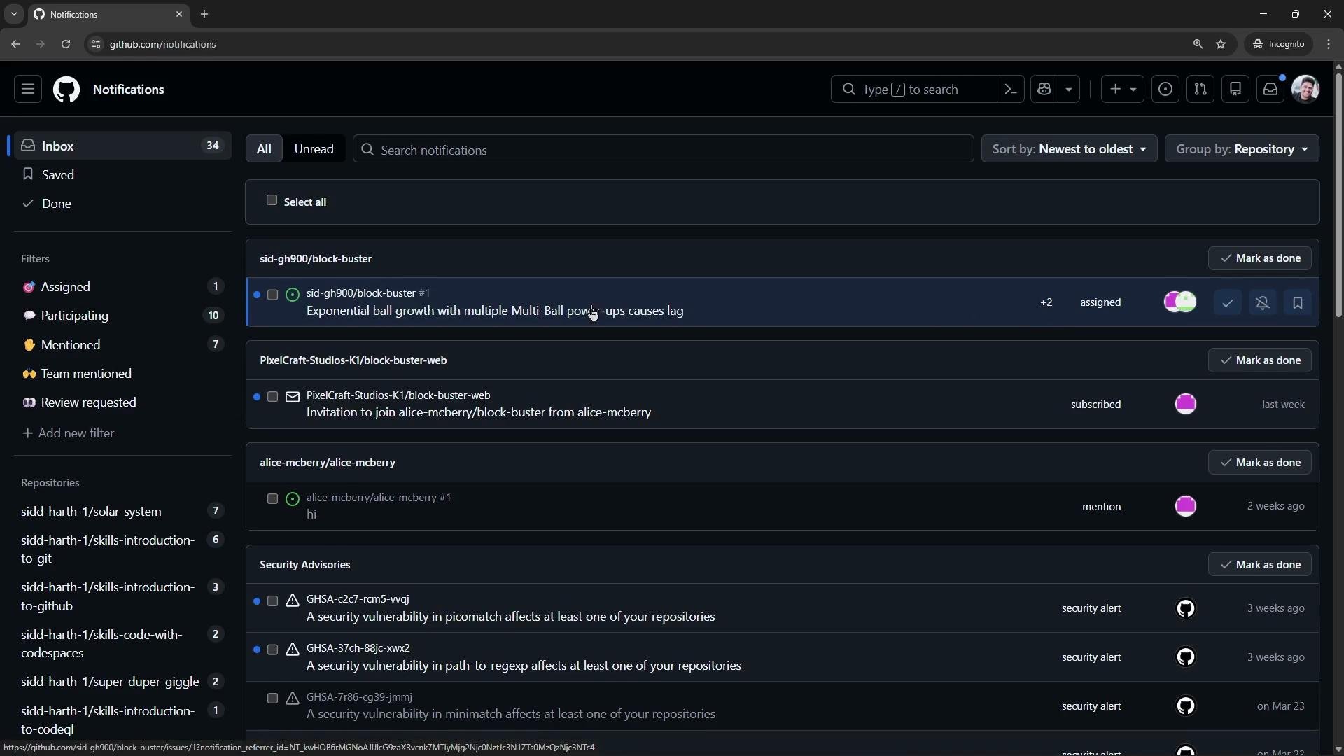 The image is a screenshot of a GitHub notifications page showing various issues and security advisories from different repositories. It includes a list of unread notifications, categorized by assignments, mentions, and security alerts.