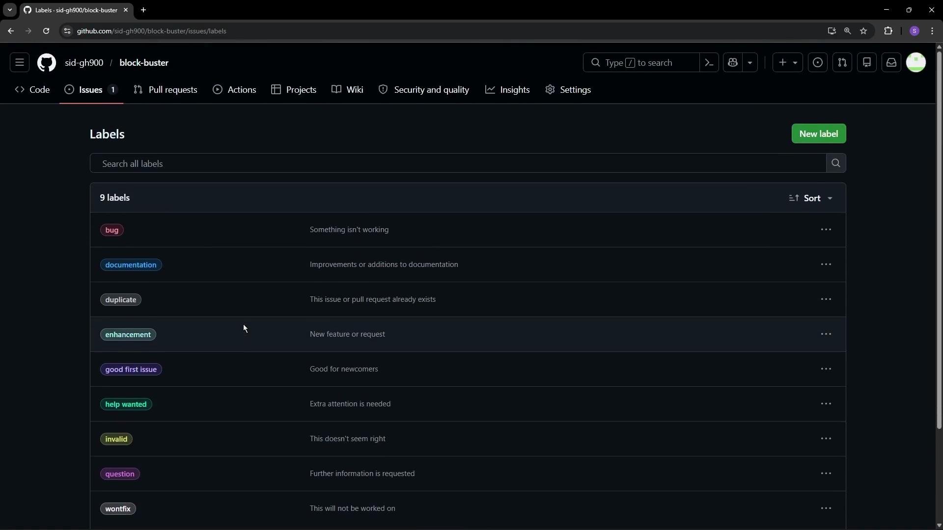 The image shows a GitHub repository's "Labels" section with a list of nine labels, each associated with a description, such as "bug," "documentation," and "enhancement."