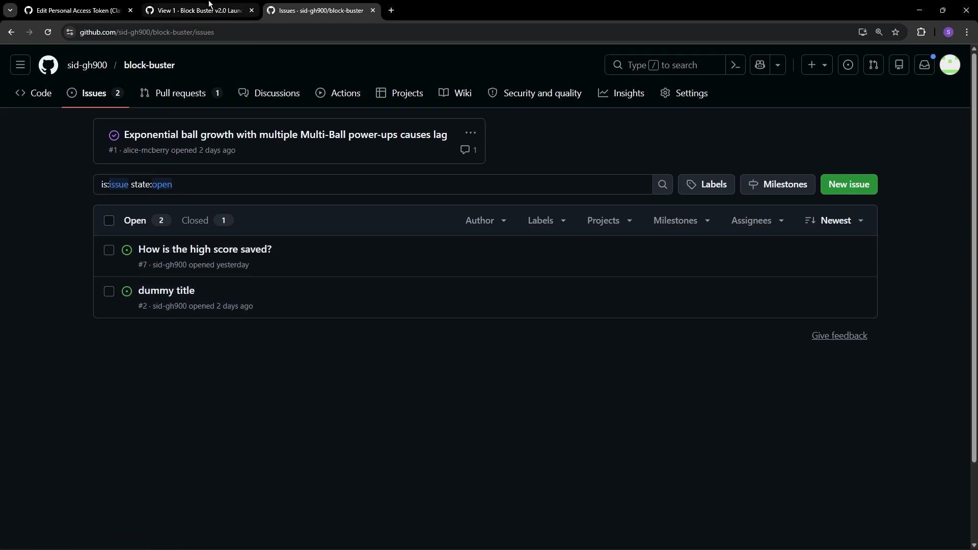 The image displays a GitHub issues page for the repository "block-buster" showing a list of open issues along with their titles and authors.