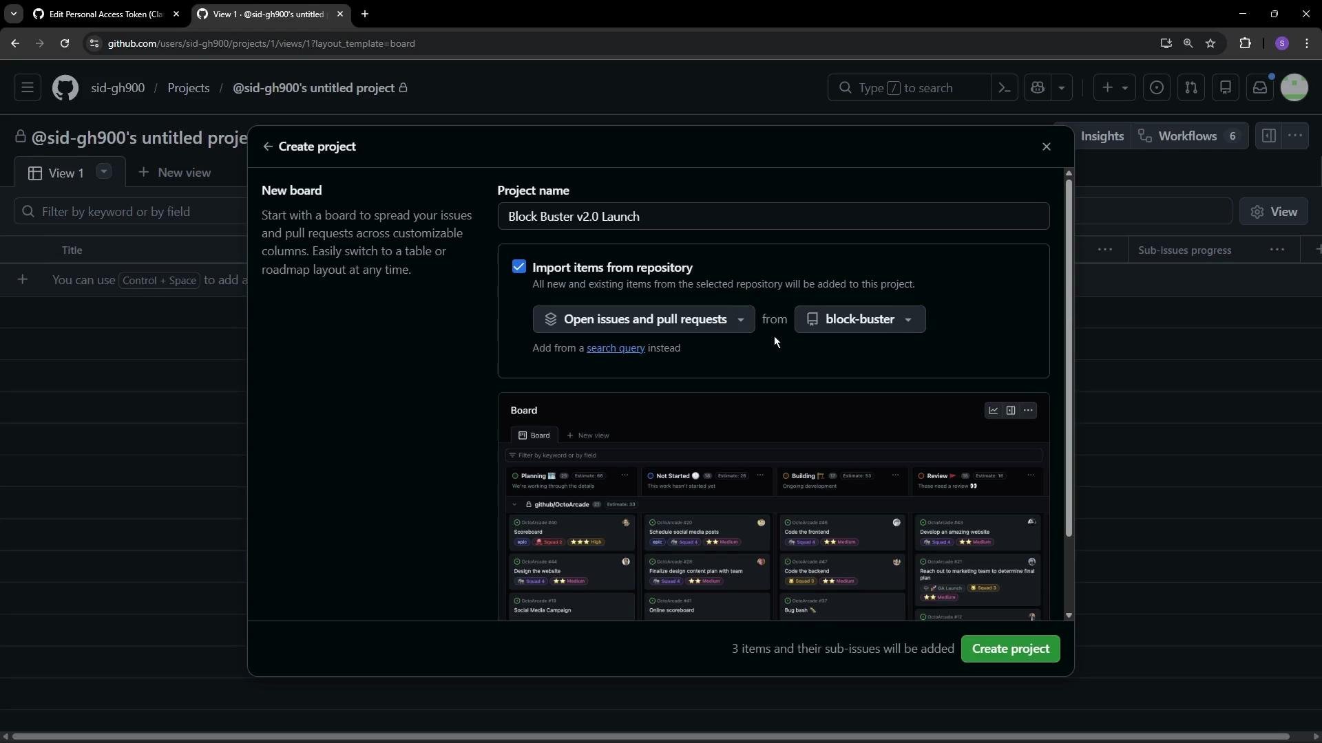 The image shows a GitHub interface where a user is creating a new project board named "Block Buster v2.0 Launch," with options to import issues and pull requests from a repository.