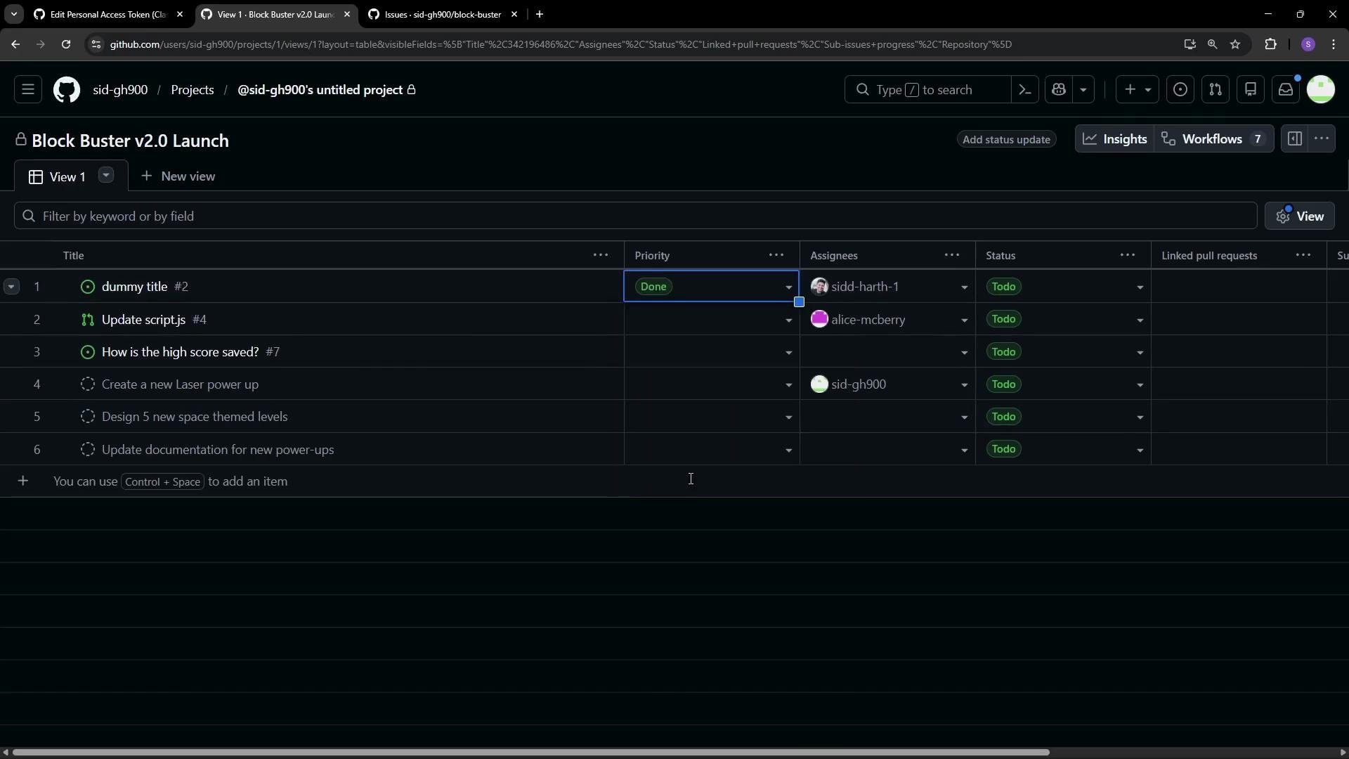 The image is a screenshot of a GitHub project board titled "Block Buster v2.0 Launch," displaying a list of tasks with their status, priority, and assignees.