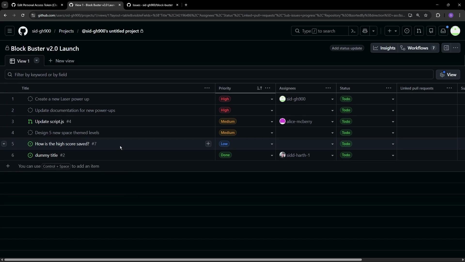 The image shows a project management board on GitHub titled "Block Buster v2.0 Launch," listing tasks with their titles, priority levels, assignees, and statuses.