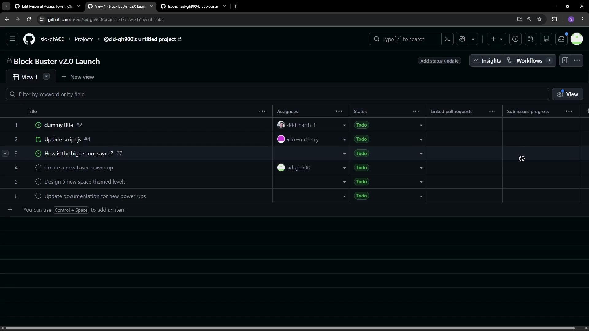 The image shows a project management interface on GitHub for a project called "Block Buster v2.0 Launch." It includes tasks with titles, assignees, and statuses, all marked "Todo."